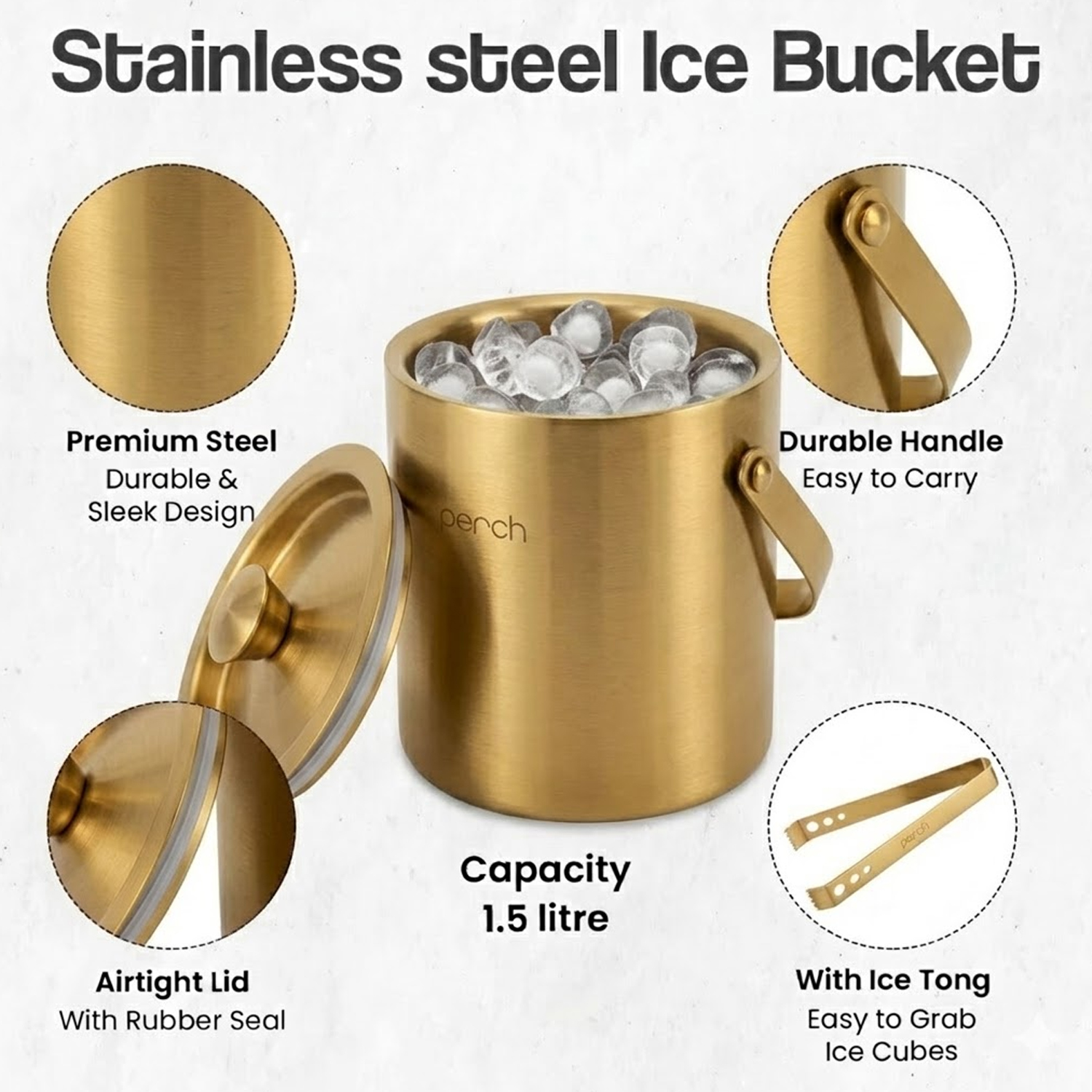 Gold Stainless Steel Ice Bucket Set with Lid, Handle & Ice Tong – 1.5L