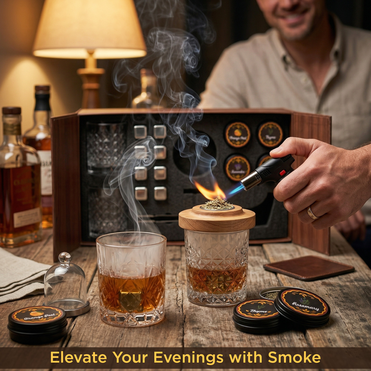 Cocktail Smoker Kit with Torch | Whiskey & Bourbon Smoke Infuser Set with 2 Glasses, 4 Natural Wood Chip Flavors & Whiskey Stones