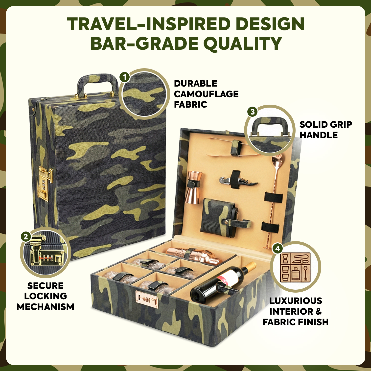 11-Piece Army Print Leatherette Suitcase Bar Set with Belly Cocktail Shaker & 4 Whisky Glasses – Rose Gold