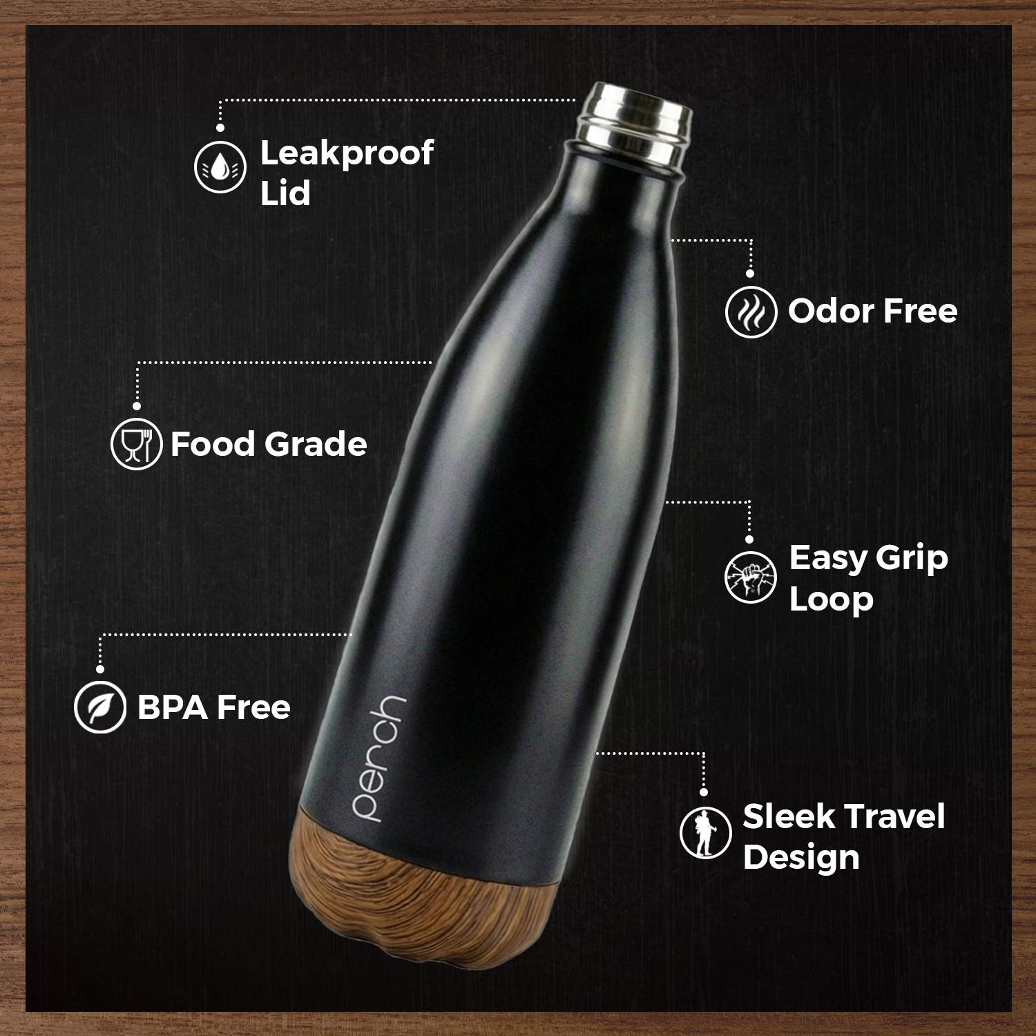 Retro 980ml Vacuum Insulated Stainless Steel Water Bottle, Black