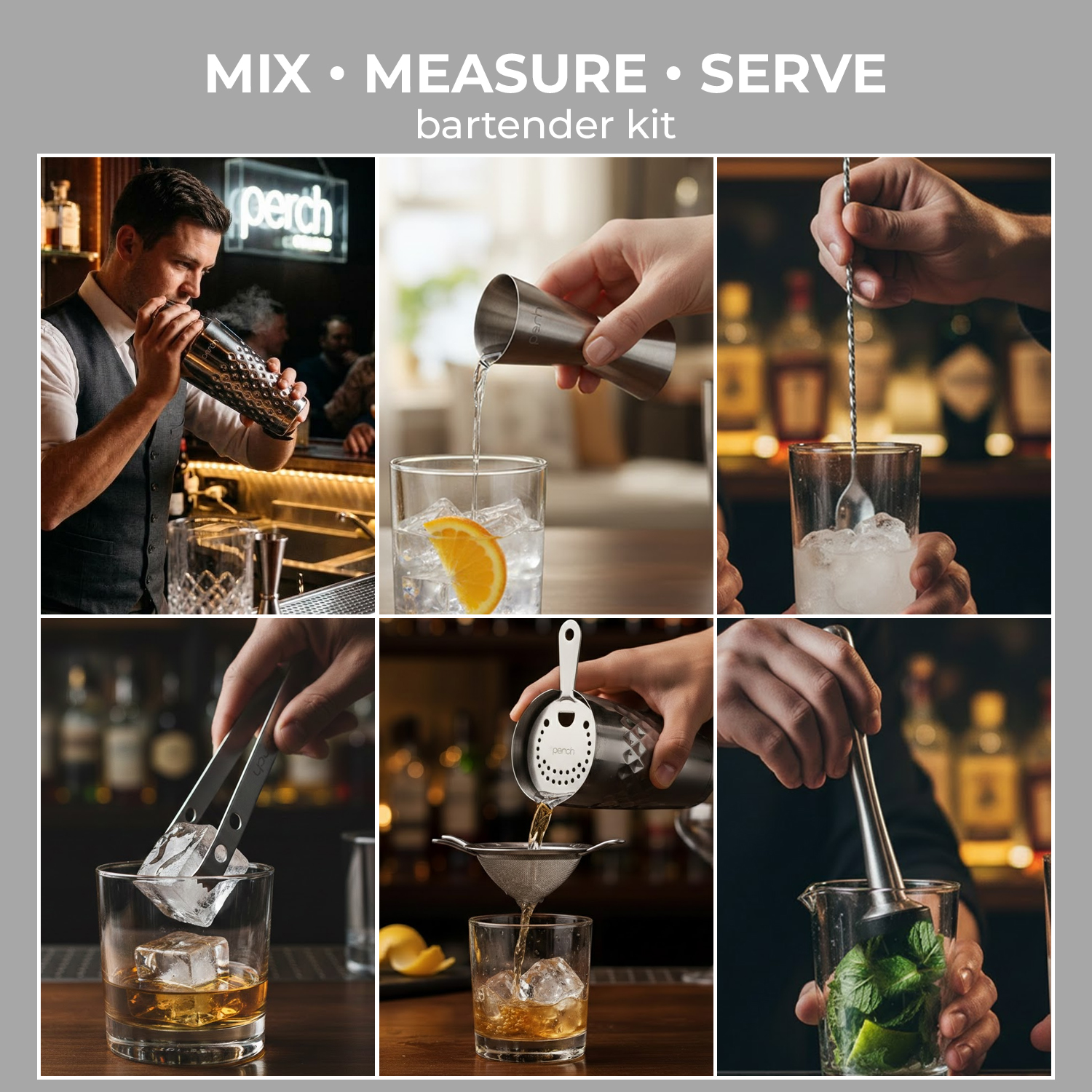 Elite 6-Piece Stainless Steel Bartender Kit | Boston Cocktail Shaker Set with Bar Tools -Silver