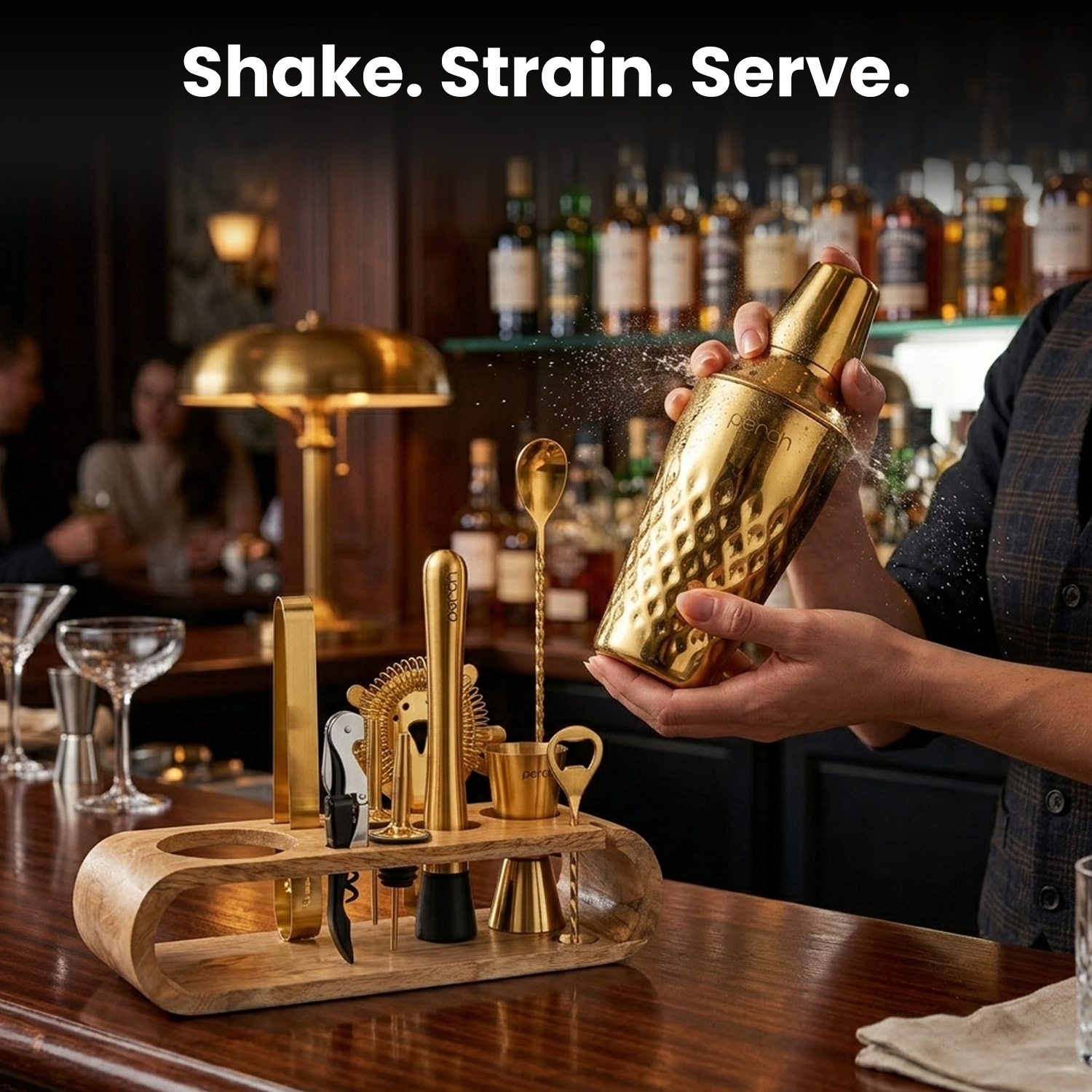 O' Holic 10-Piece Bartender Kit with Mango Wooden Stand | Diamond Cocktail Shaker Gift Set | Golden