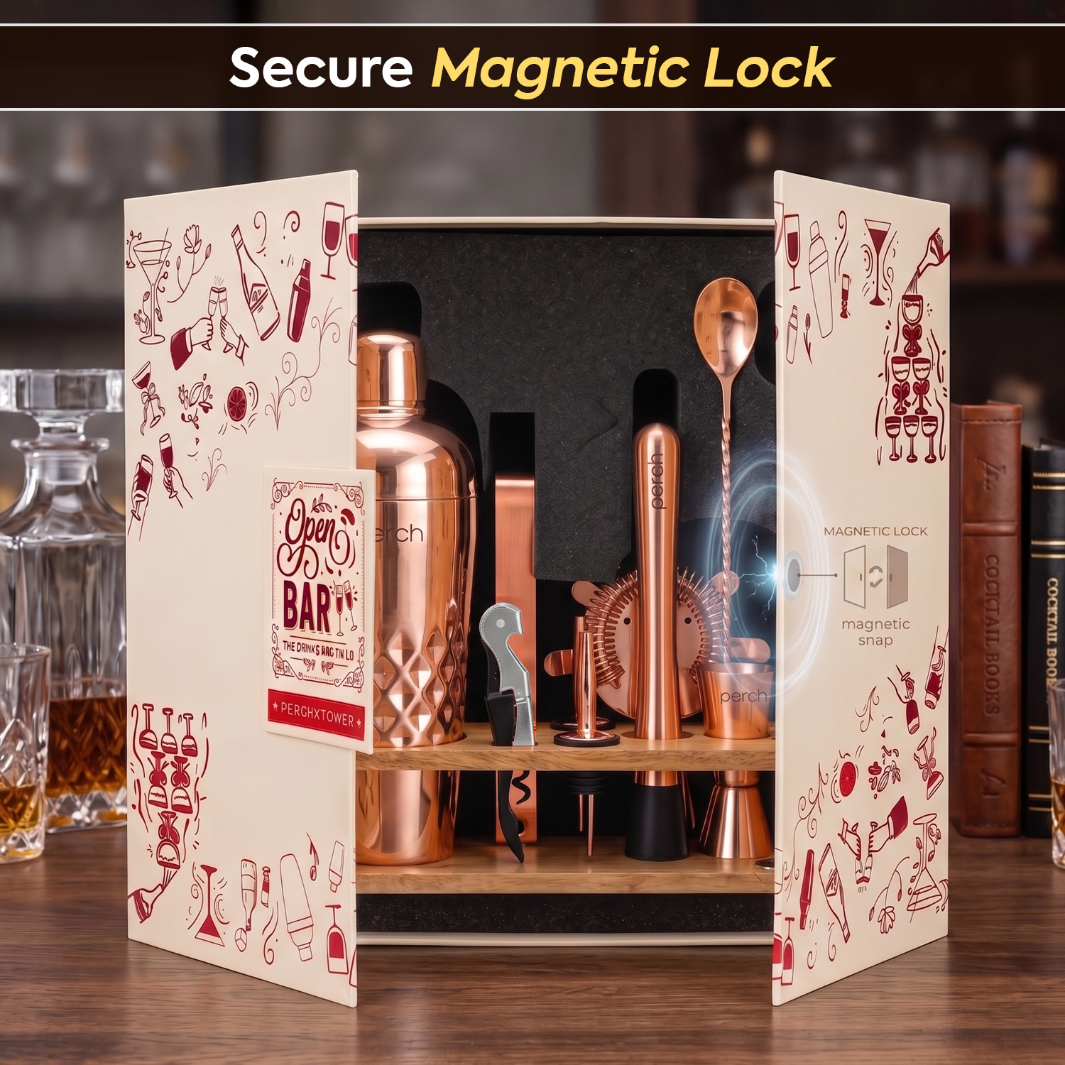 O' Holic 10-Piece Bartender Kit with Mango Wooden Stand | Belly Cocktail Shaker Gift Set | Rose Gold