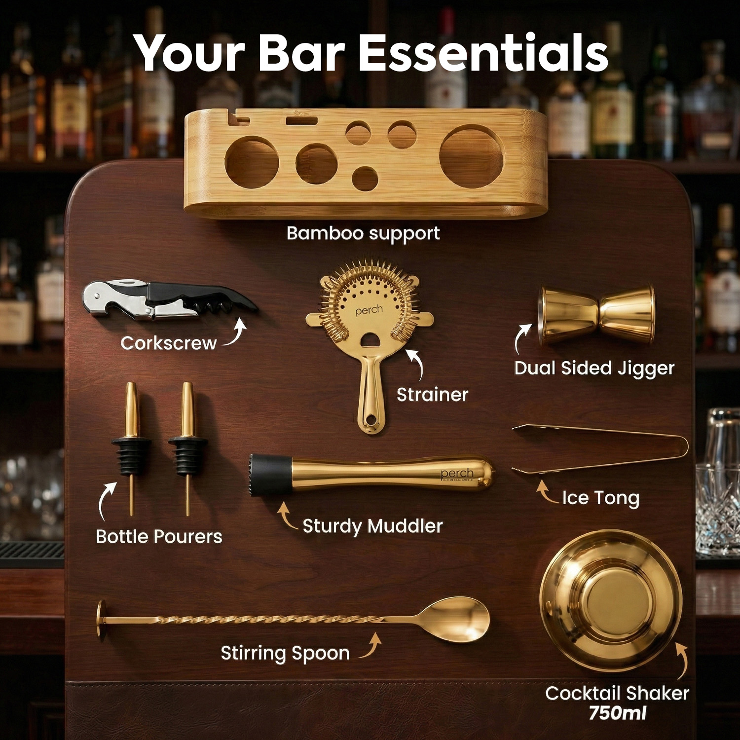 O' Holic 10-Piece Bartender Kit with Mango Wooden Stand | Belly Cocktail Shaker | Rose Gold