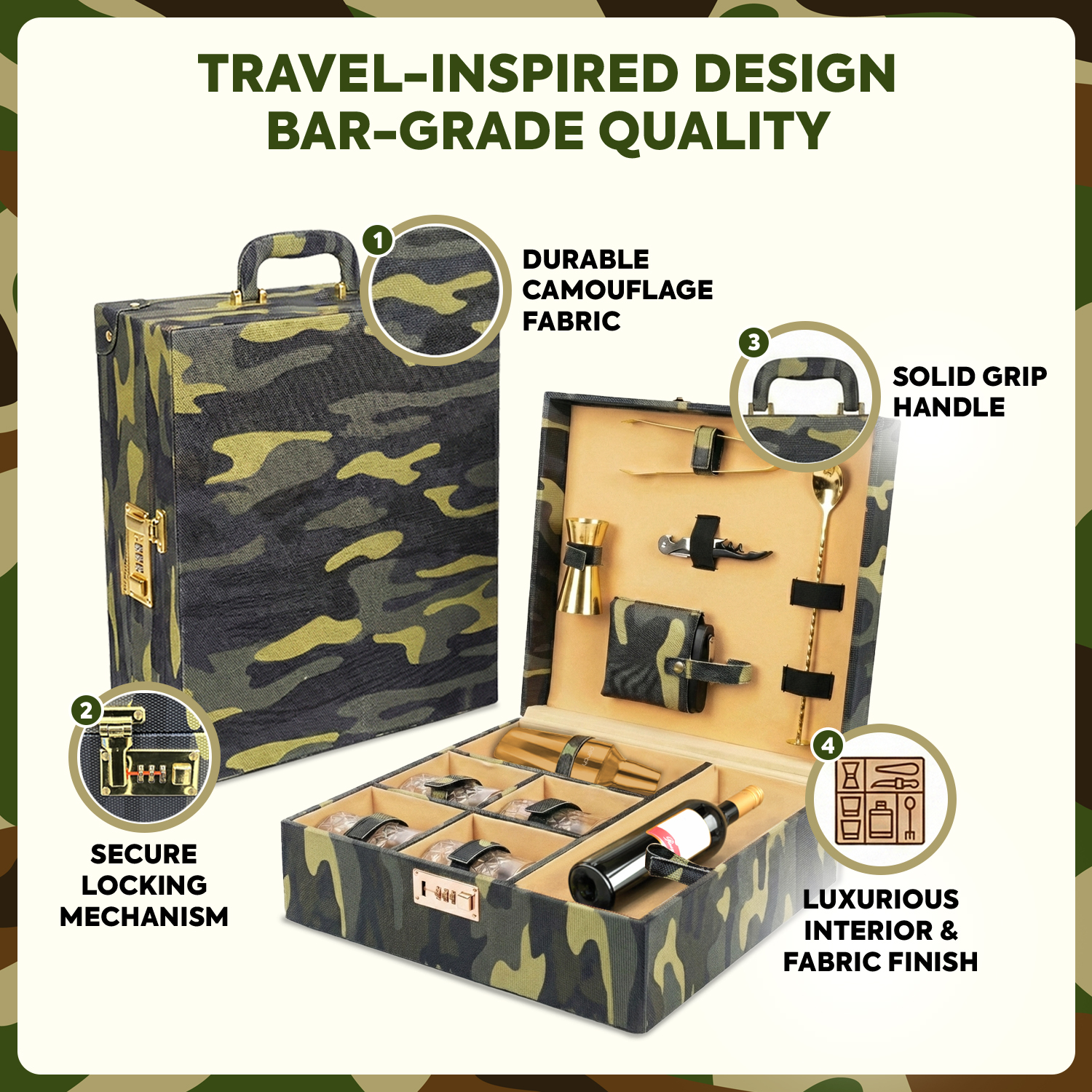 11-Piece Army Print Leatherette Suitcase Bar Set with Twist Cocktail Shaker & 4 Whisky Glasses – Golden
