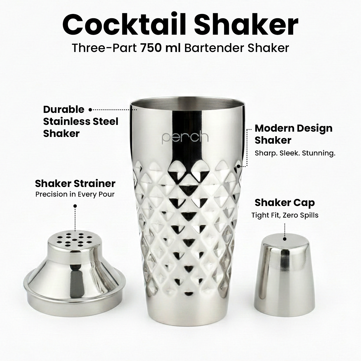 Cocktail Shaker for Cocktails & Mocktails – Stainless Steel Bar Shaker for Mixing Drinks – Silver