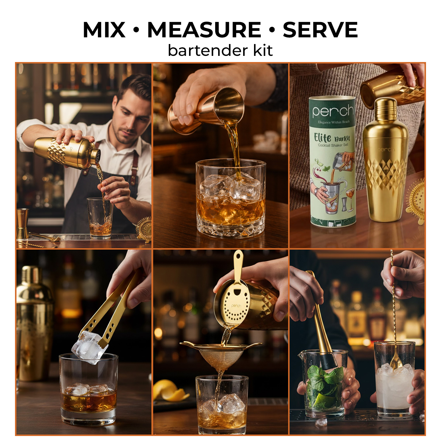 Elite 6-Piece Stainless Steel Bartender Kit | Belly Cocktail Shaker Set with Bar Tools - Golden