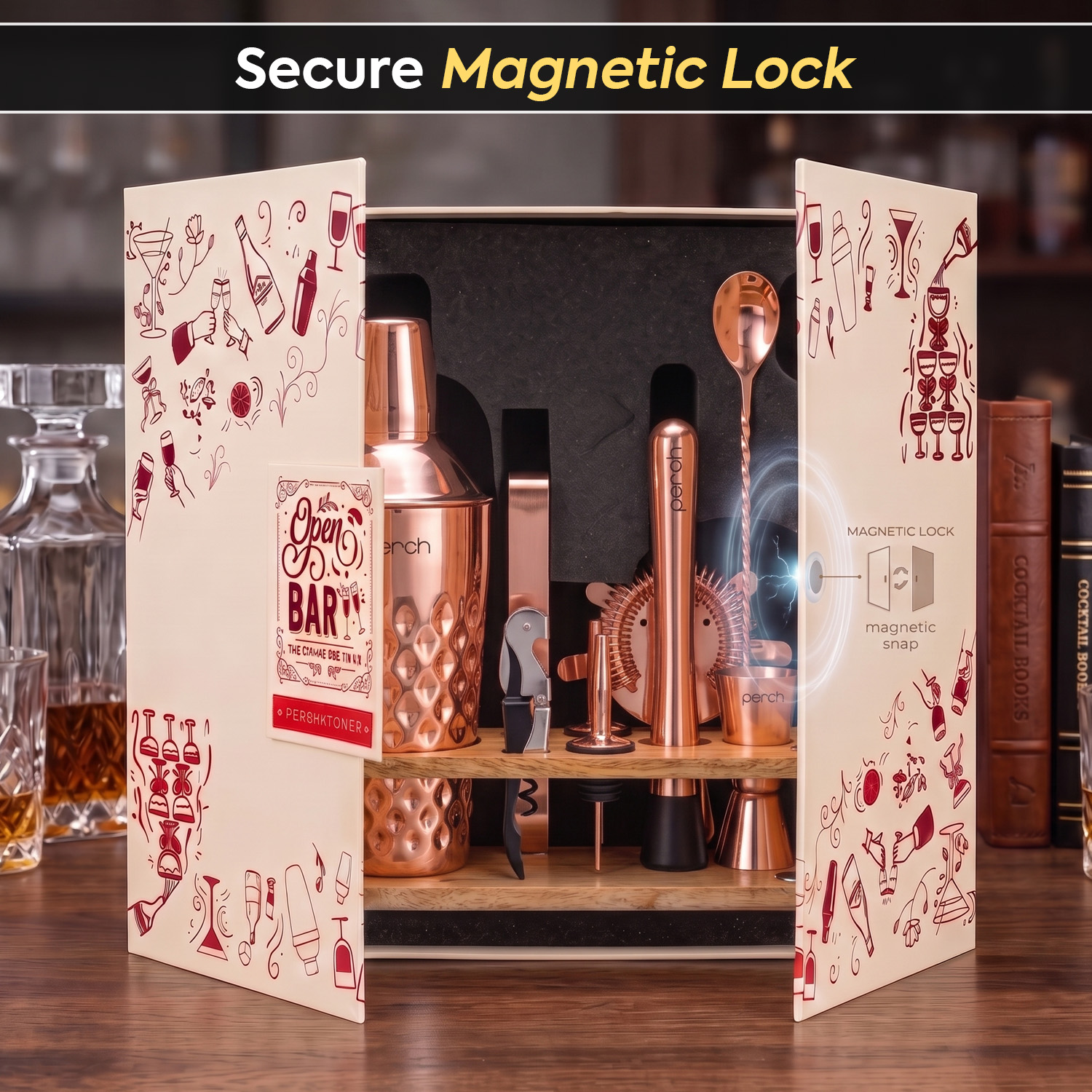 O' Holic 10-Piece Bartender Kit with Mango Wooden Stand | Diamond Cocktail Shaker Gift Set | Rose Gold