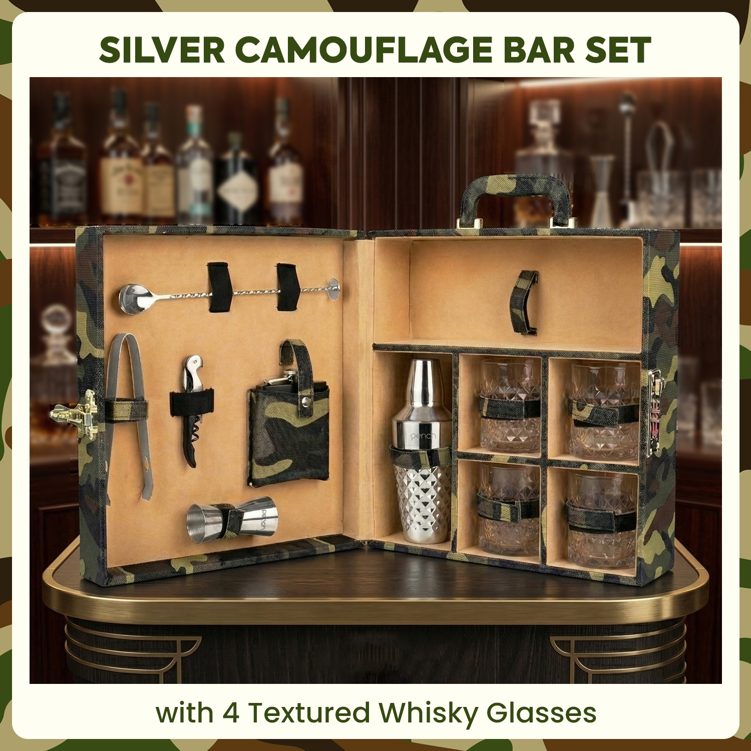11-Piece Army Print Leatherette Suitcase Bar Set with Diamond Cocktail Shaker & 4 Whisky Glasses – Silver