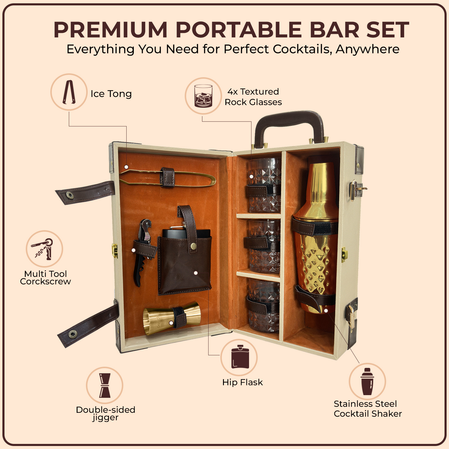 9-Piece Brown Leatherette Suitcase Bar Set with Cocktail Shaker & 3 Whisky Glasses – Golden