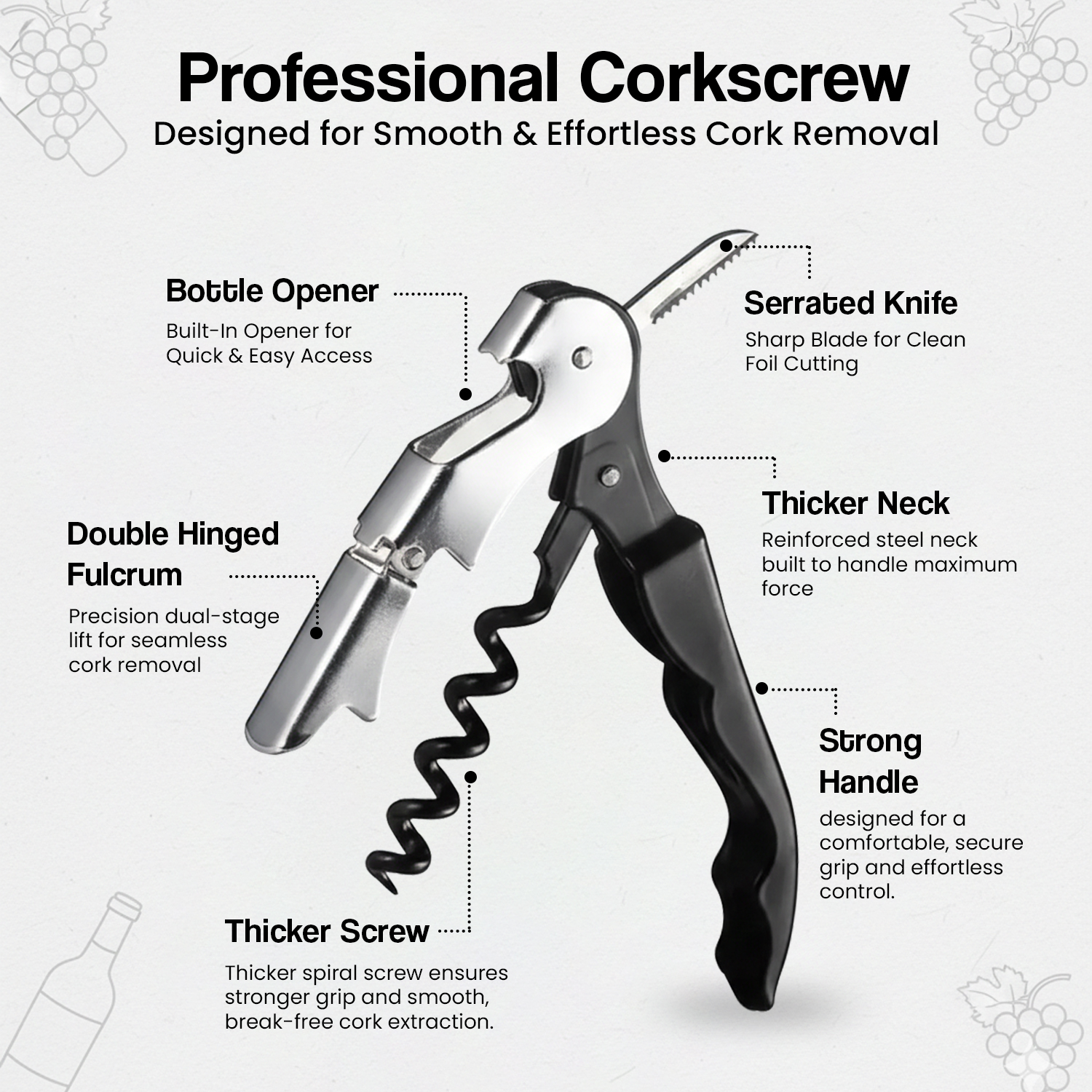 Corkscrew for Easy Wine Bottle Opening – Manual Wine Opener for Home Bar & Kitchen – Silver