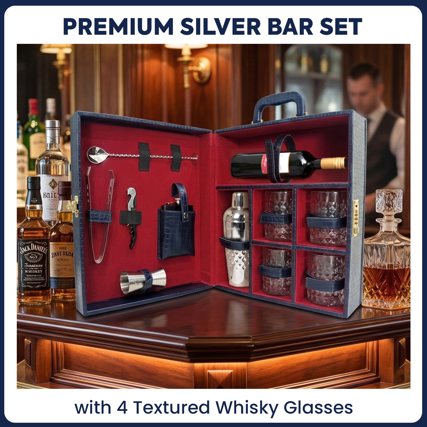11-Piece Crocodile Print Leatherette Suitcase Bar Set with Belly Cocktail Shaker & 4 Whisky Glasses – Silver