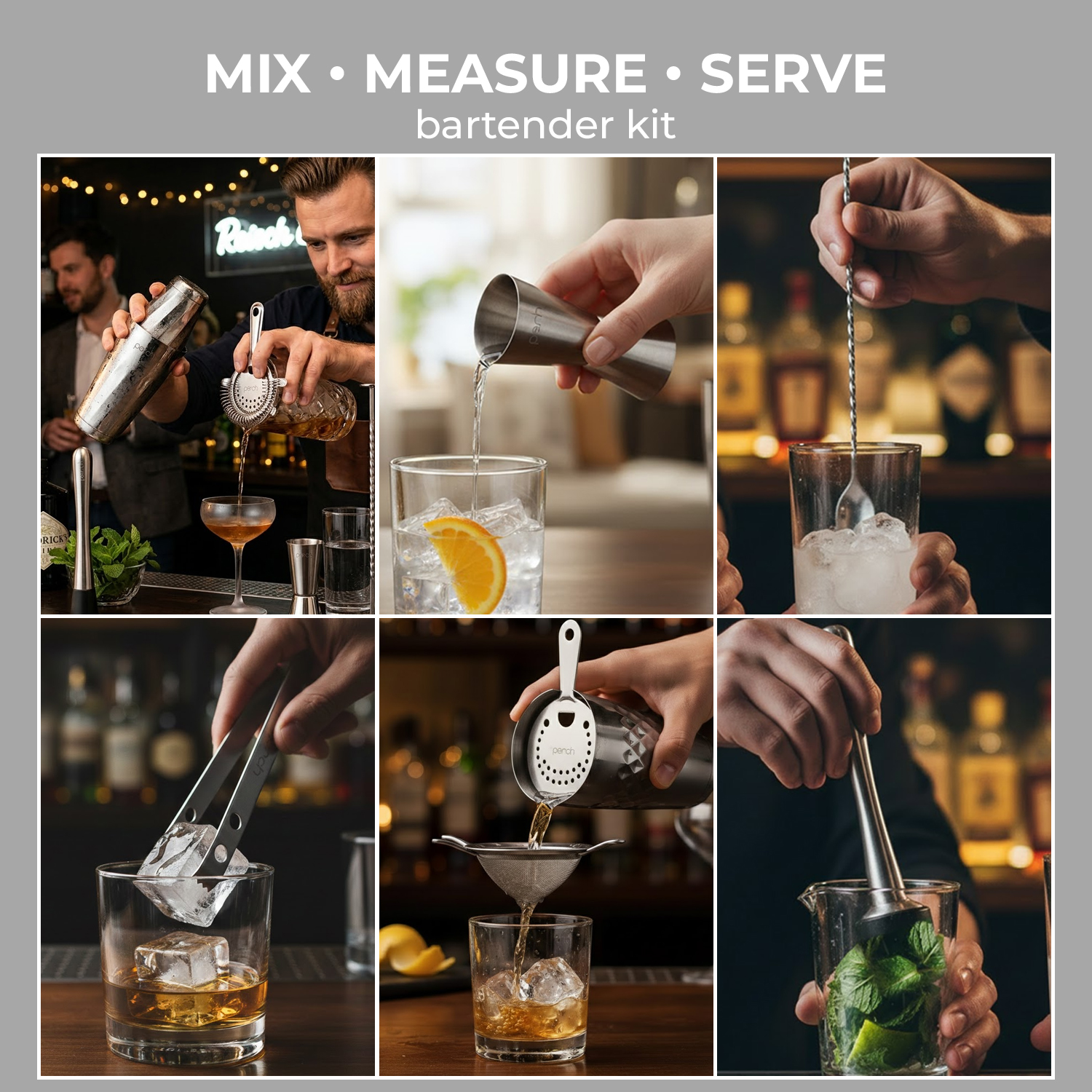 Elite 6-Piece Stainless Steel Bartender Kit | Twist Cocktail Shaker Set with Bar Tools - Silver