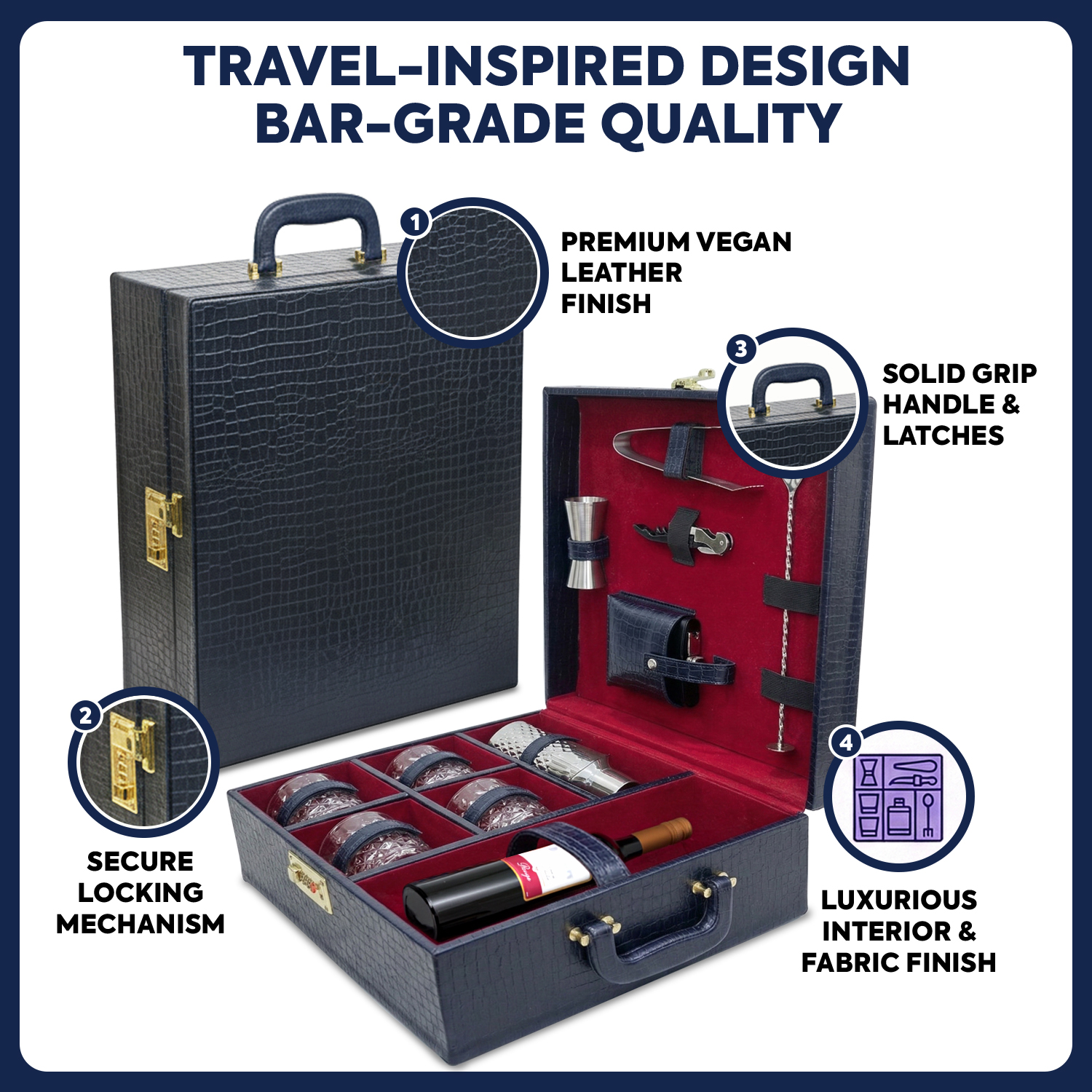 11-Piece Crocodile Print Leatherette Suitcase Bar Set with Belly Cocktail Shaker & 4 Whisky Glasses – Silver