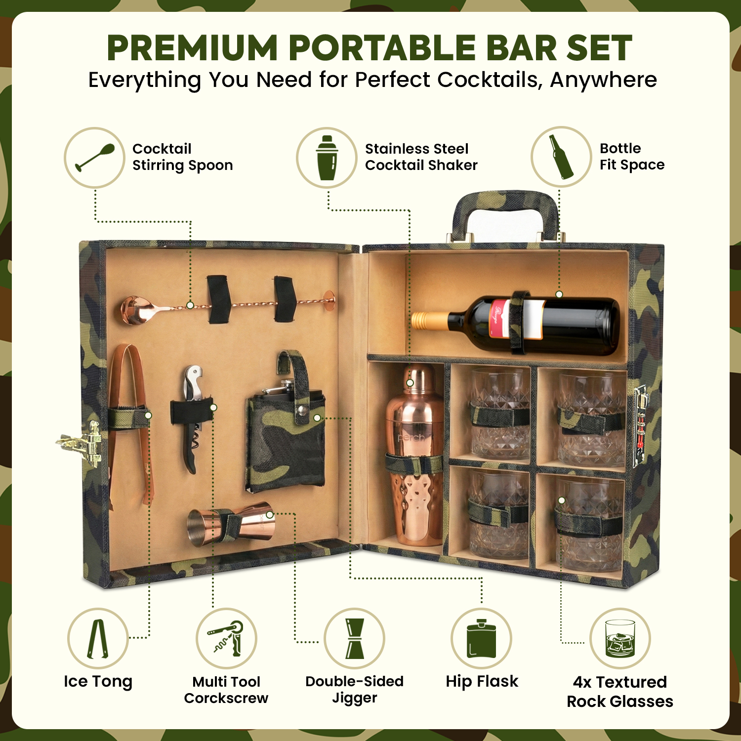 11-Piece Army Print Leatherette Suitcase Bar Set with Belly Cocktail Shaker & 4 Whisky Glasses – Rose Gold