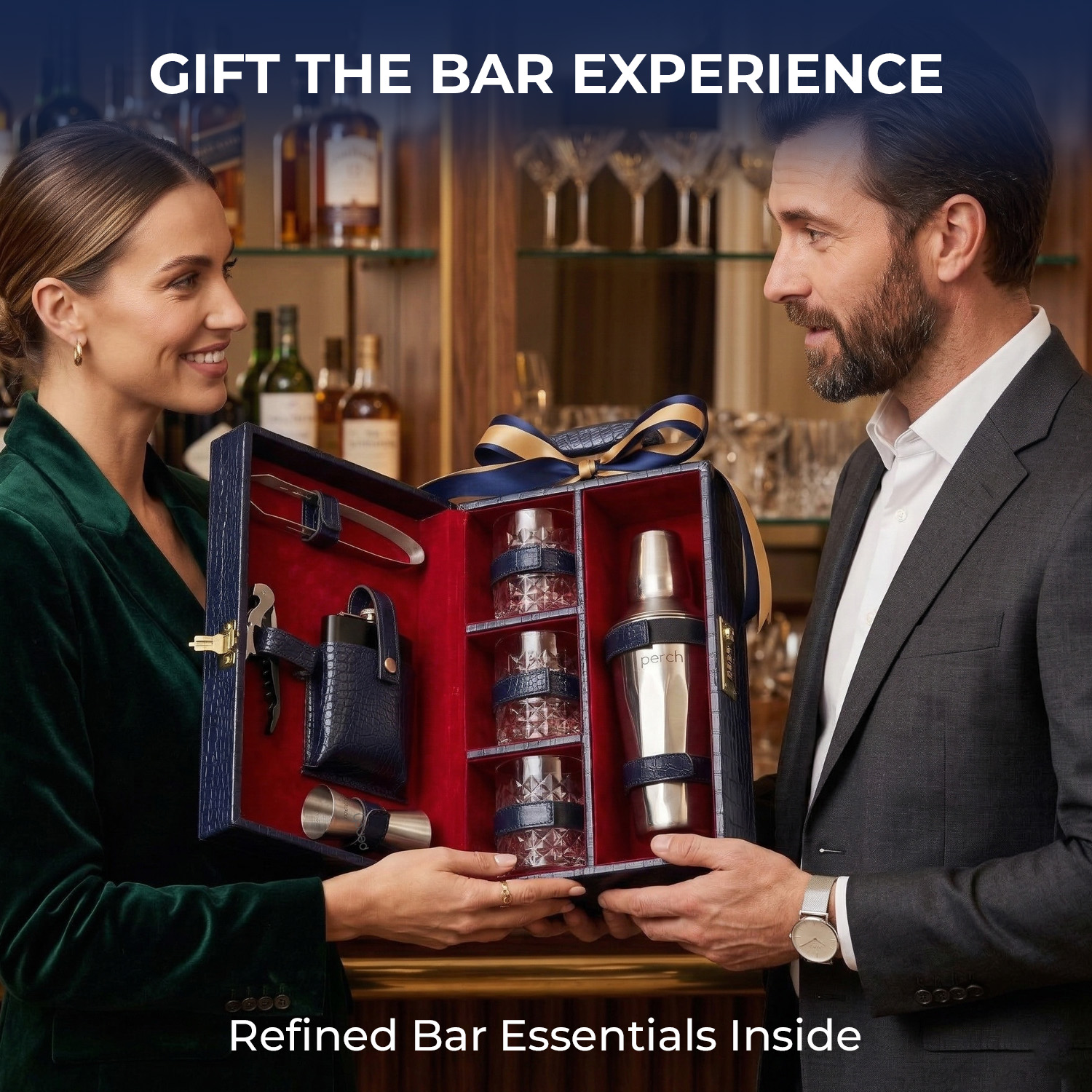 9-Piece Crocodile Print Leatherette Suitcase Bar Set with Cocktail Shaker & 3 Whisky Glasses – Silver
