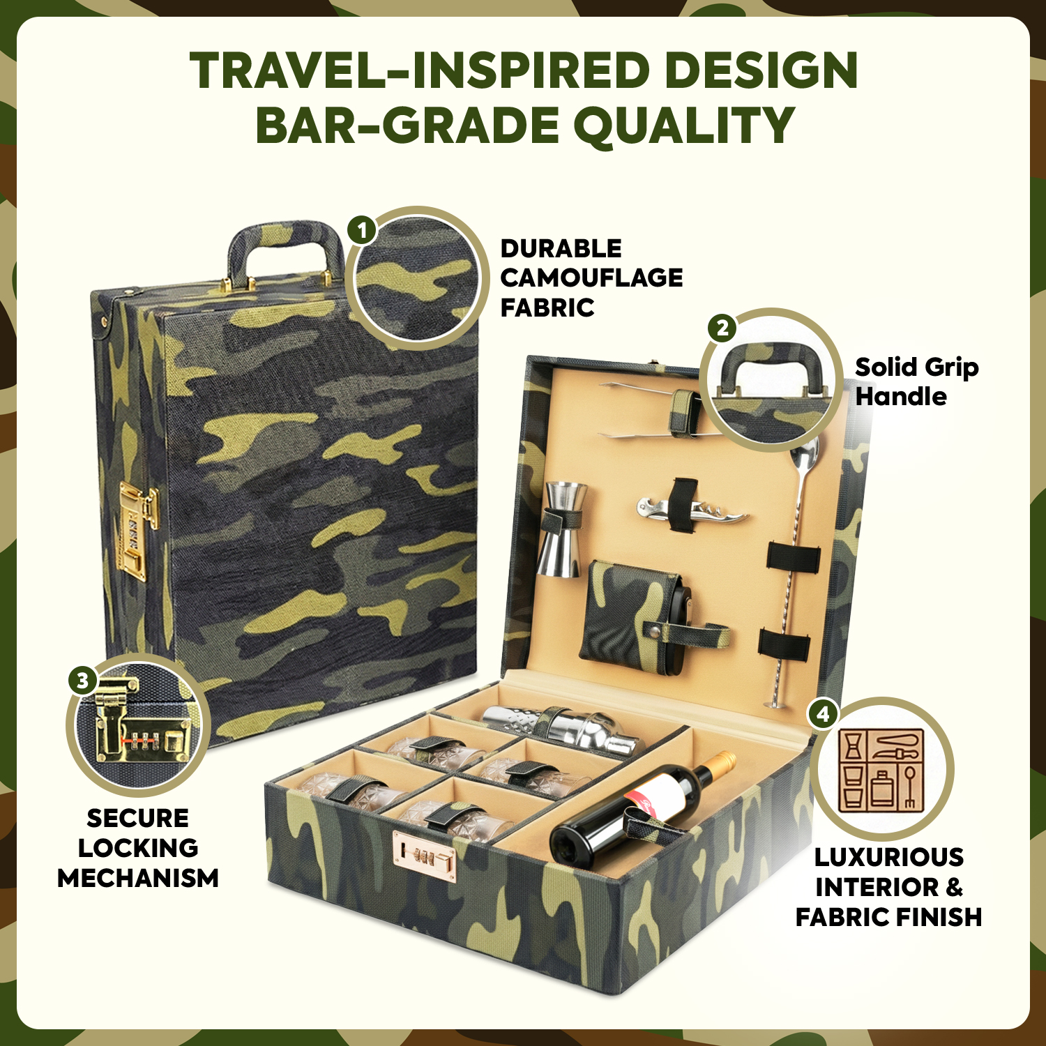 11-Piece Army Print Leatherette Suitcase Bar Set with Cocktail Shaker & 4 Whisky Glasses – Silver