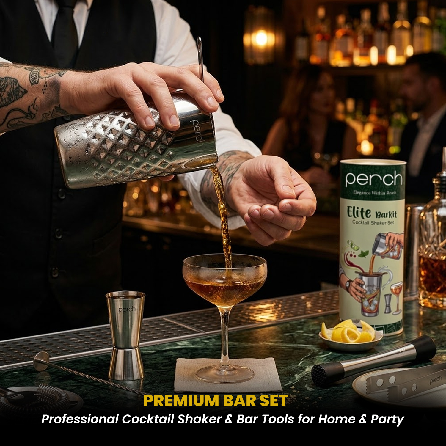 Elite 6-Piece Stainless Steel Bartender Kit |  Diamond Cocktail Shaker Set with Bar Tools -Silver