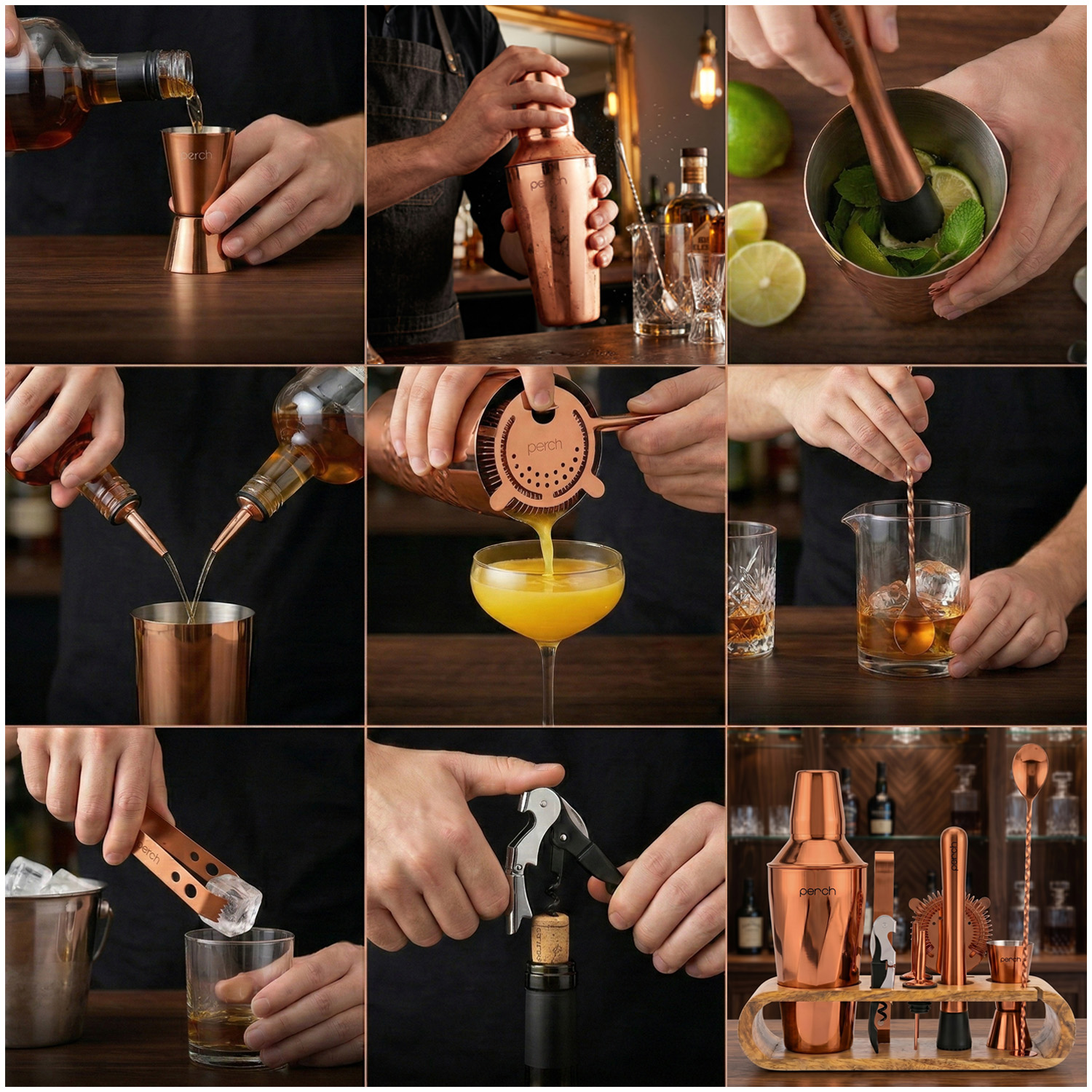 O' Holic 10-Piece Bartender Kit with Mango Wooden Stand | Belly Cocktail Shaker | Golden