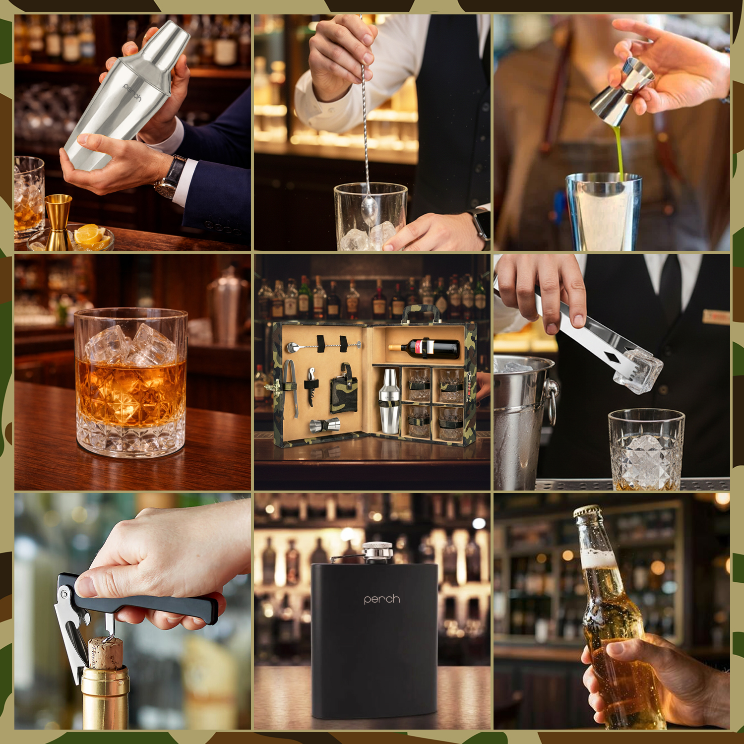 11-Piece Army Print Leatherette Suitcase Bar Set with Twist Cocktail Shaker & 4 Whisky Glasses – Silver