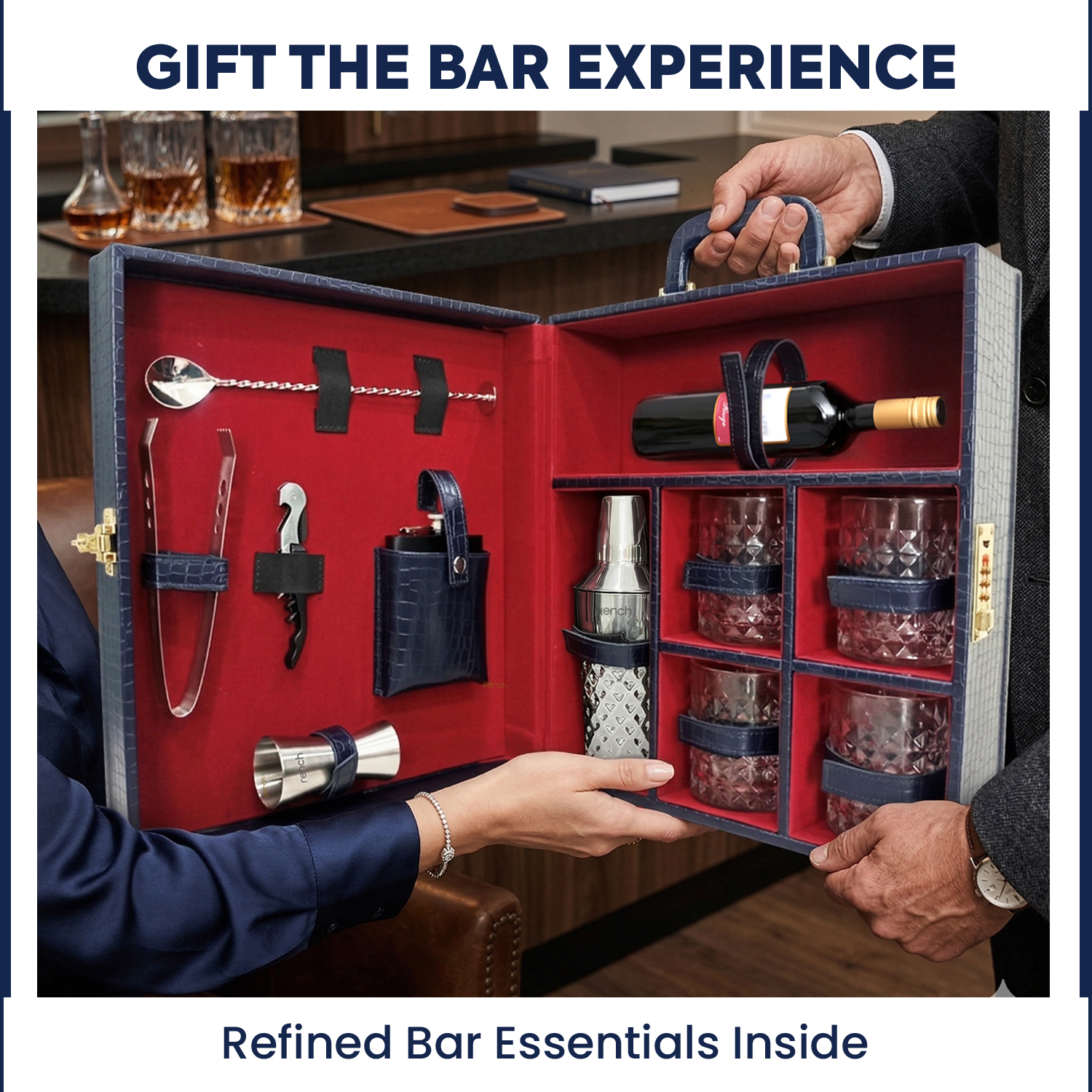11-Piece Crocodile Print Leatherette Suitcase Bar Set with Diamond Cocktail Shaker & 4 Whisky Glasses – Silver