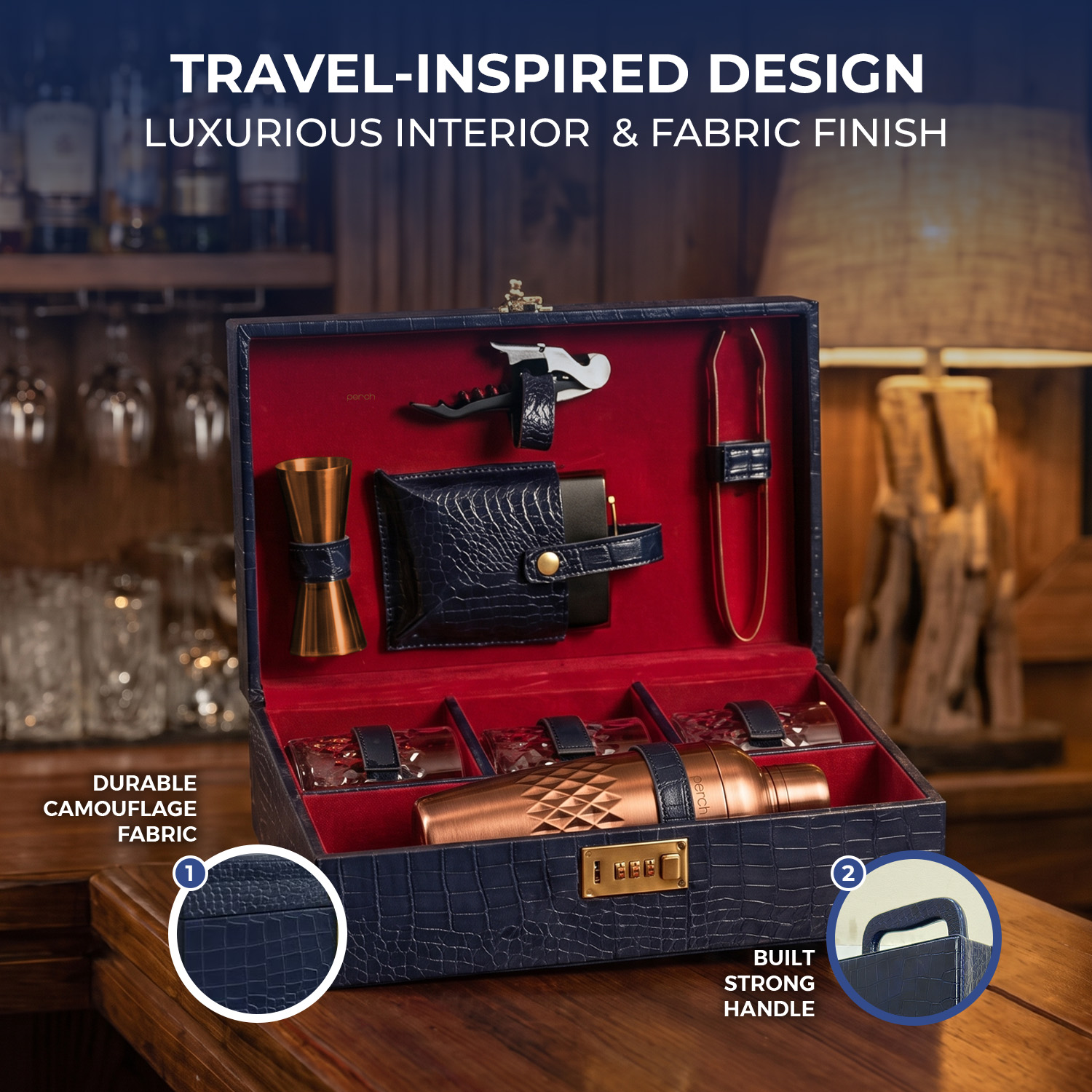 9-Piece Crocodile Print Leatherette Suitcase Bar Set with Cocktail Shaker & 3 Whisky Glasses – Rose Gold