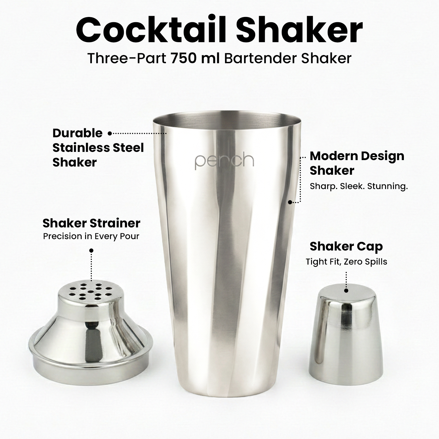 Cocktail Shaker for Cocktails & Mocktails – Stainless Steel Bar Shaker for Mixing Drinks – Silver