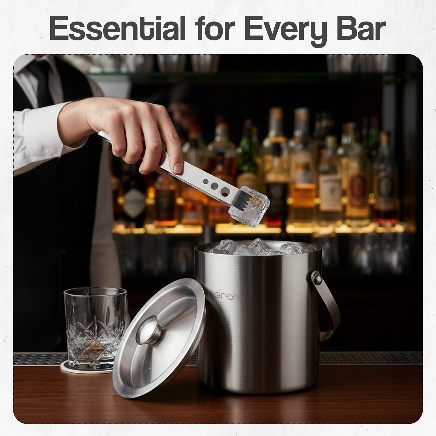 Silver Stainless Steel Ice Bucket Set with Lid, Handle & Ice Tong – 1.5L