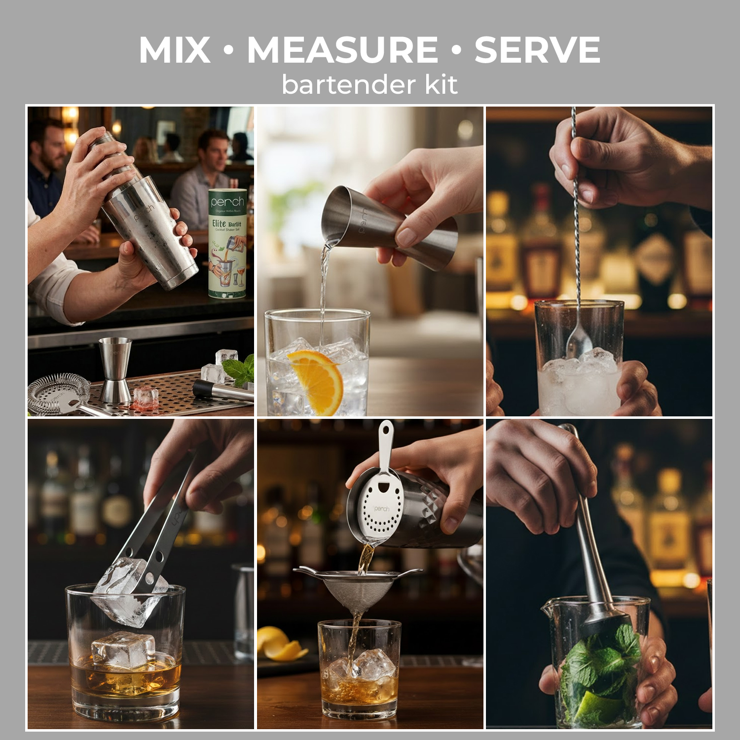 Elite 6-Piece Stainless Steel Bartender Kit | Boston Cocktail Shaker Set with Bar Tools -Silver