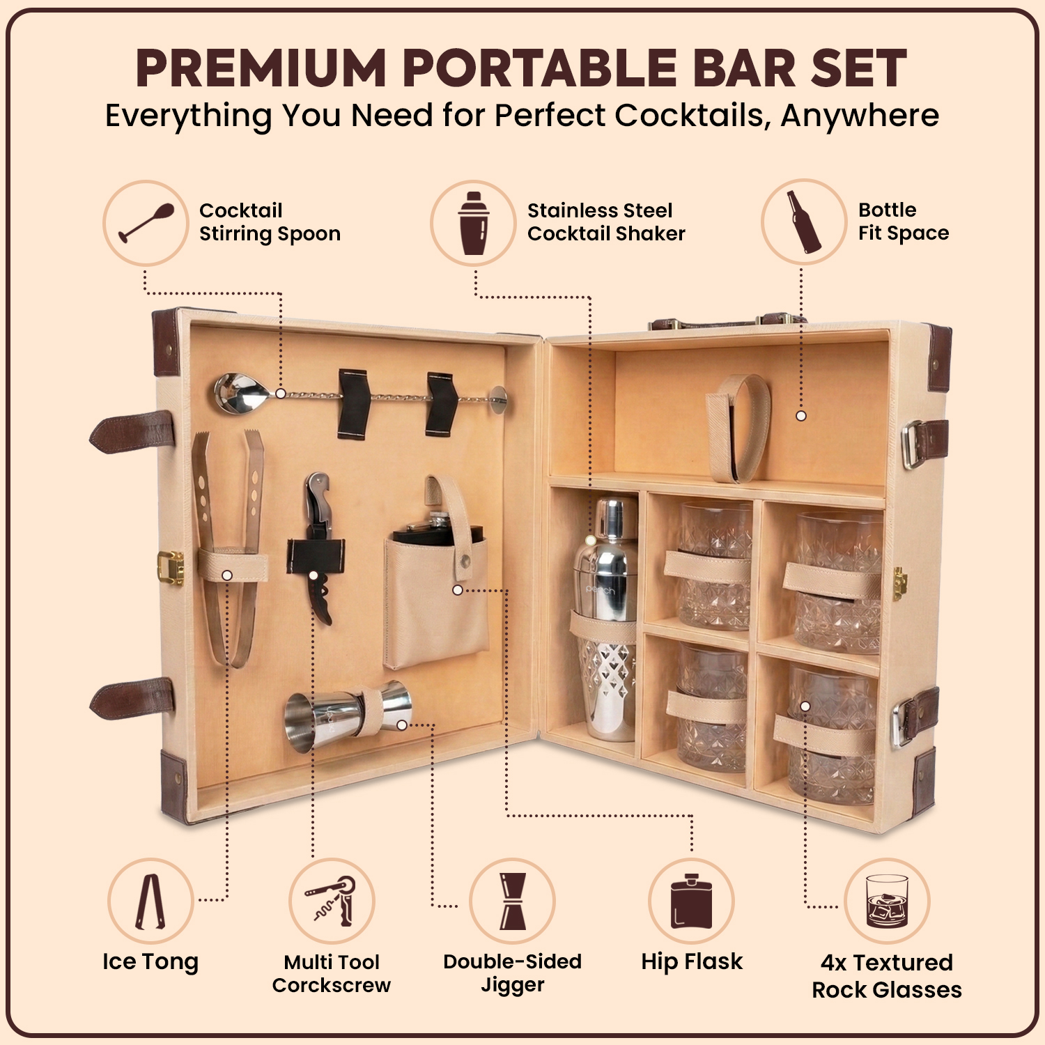 11-Piece Brown Leatherette Suitcase Bar Set with Belly Cocktail Shaker & 4 Whisky Glasses – Silver