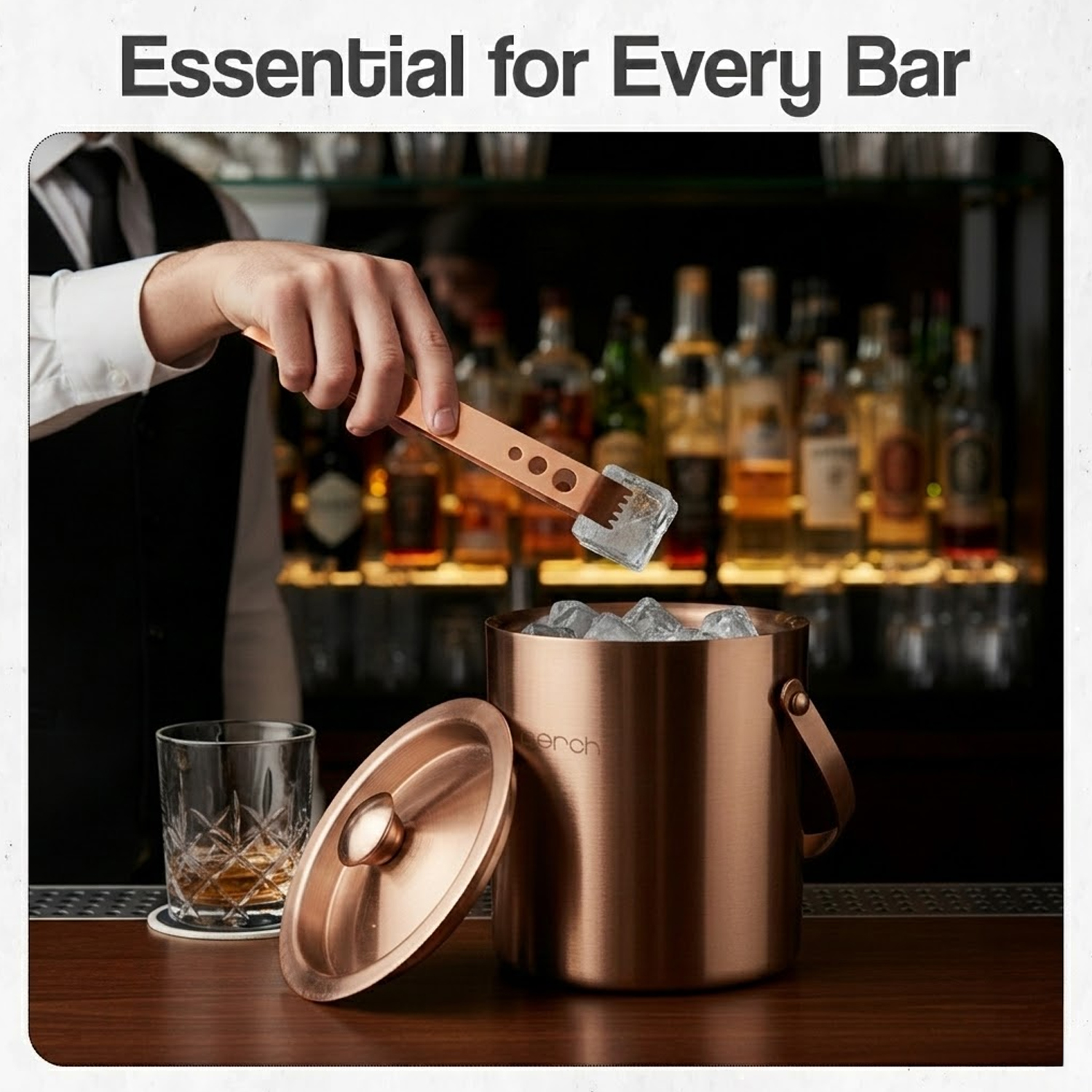 Rose Gold Stainless Steel Ice Bucket Set with Lid, Handle & Ice Tong – 1.5L