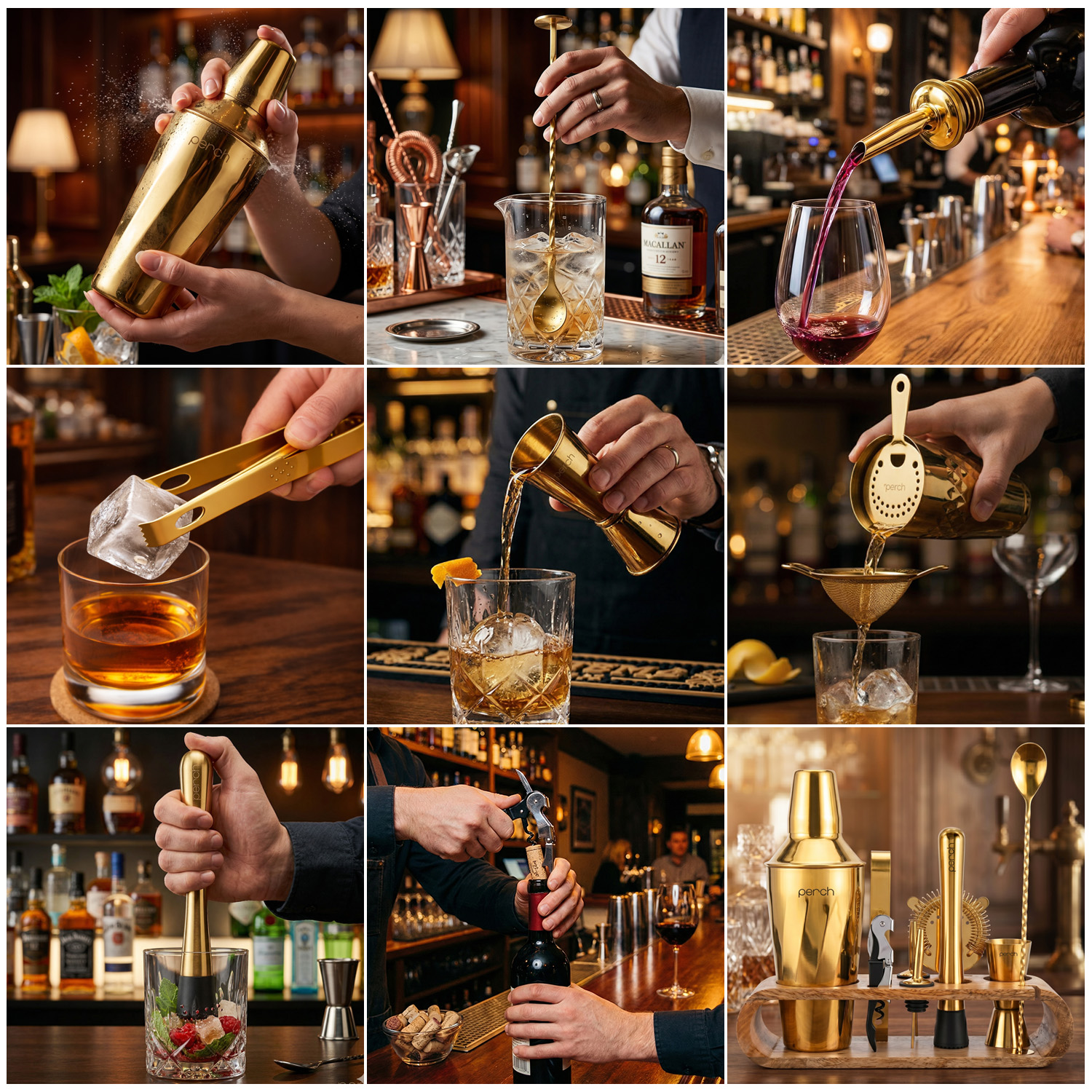 O' Holic 10-Piece Bartender Kit with Mango Wooden Stand | Twist Cocktail Shaker | Golden