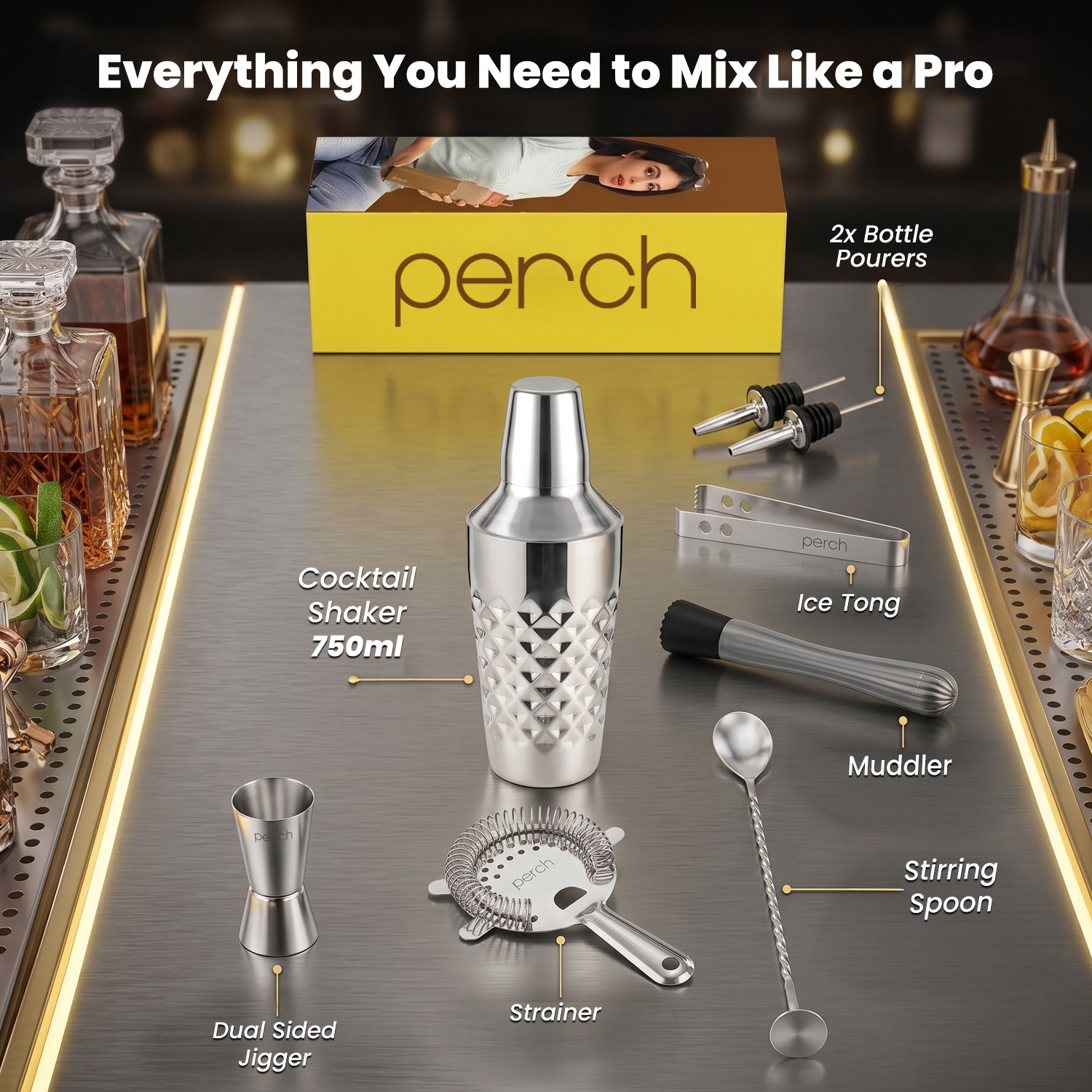 Craft 8-Piece Stainless Steel Diamond Cocktail Shaker Set with Bar Tools – Silver