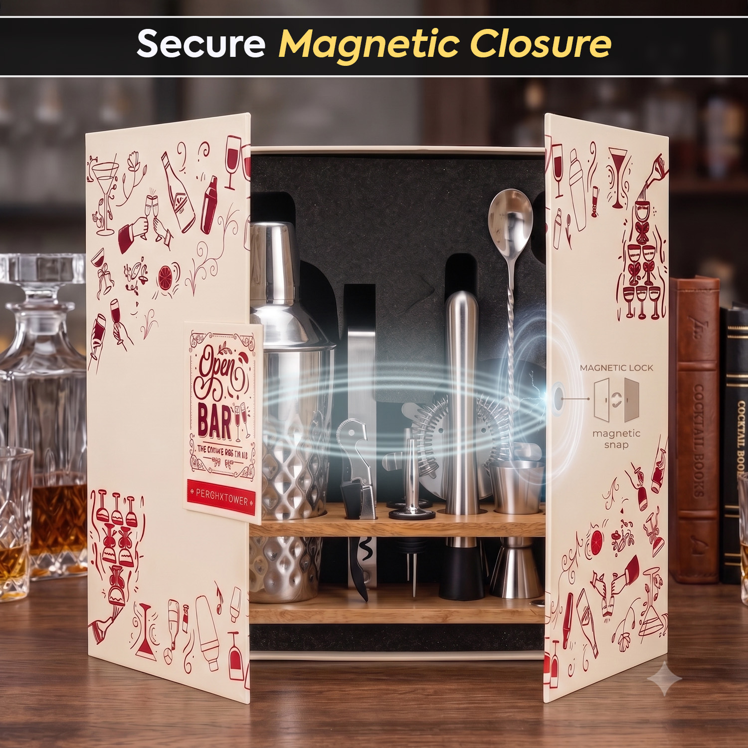 O' Holic 10-Piece Bartender Kit with Mango Wooden Stand | Diamond Cocktail Shaker Gift Set | Silver