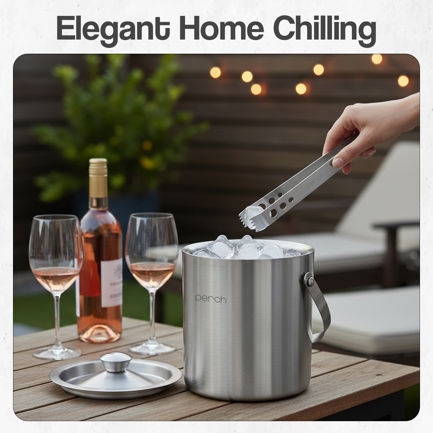 Silver Stainless Steel Ice Bucket Set with Lid, Handle & Ice Tong – 1.5L