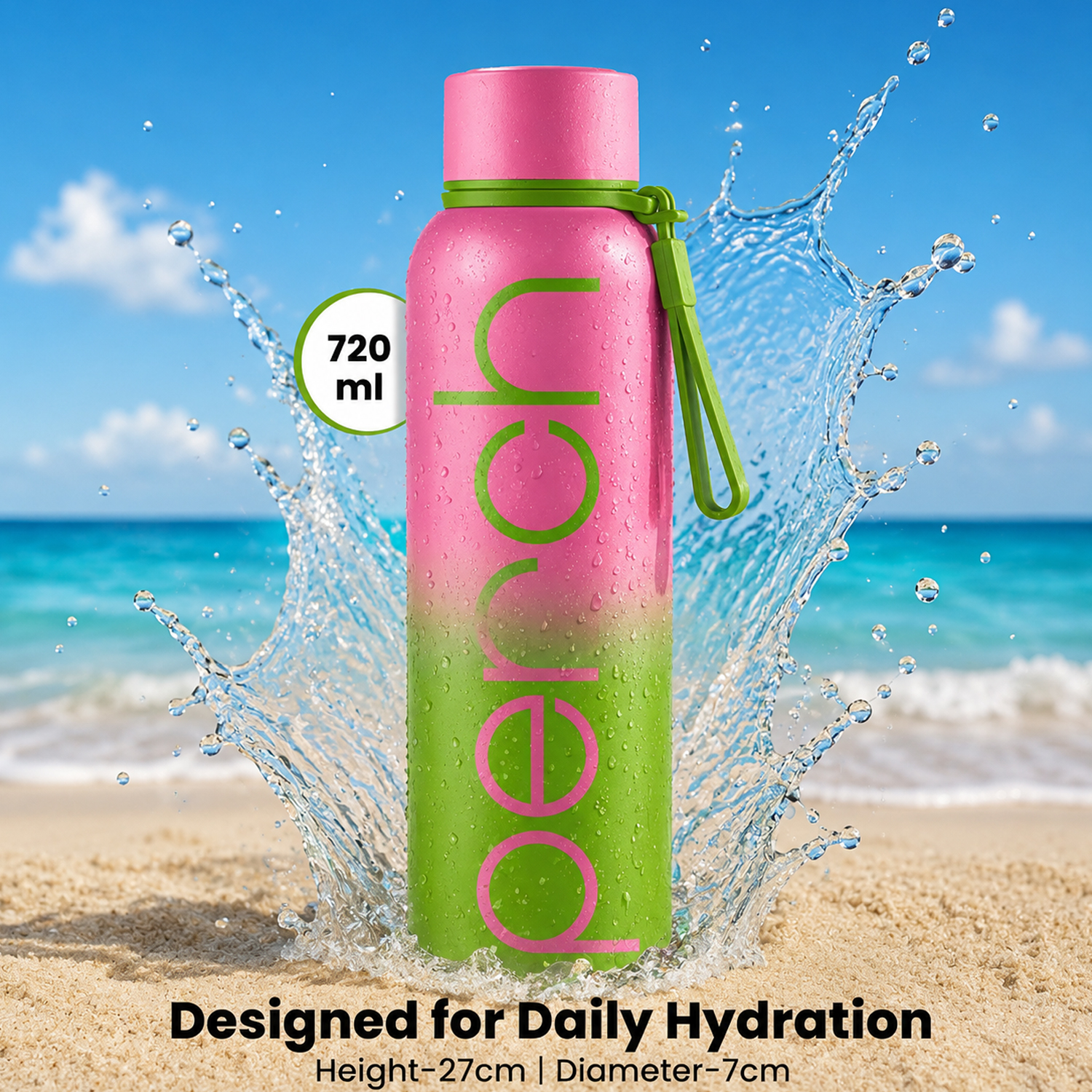 Zion Insulated 720ml Water Bottle, Neon Green & Pink