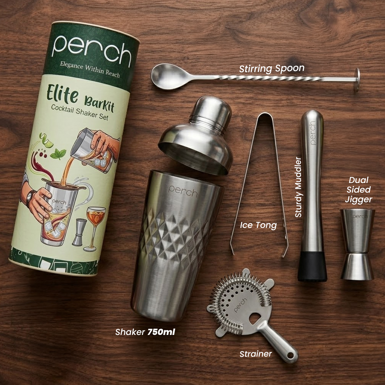 Elite 6-Piece Stainless Steel Bartender Kit | Belly Cocktail Shaker Set with Bar Tools -Silver
