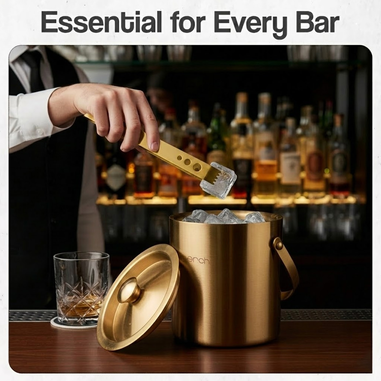 Gold Stainless Steel Ice Bucket Set with Lid, Handle & Ice Tong – 1.5L