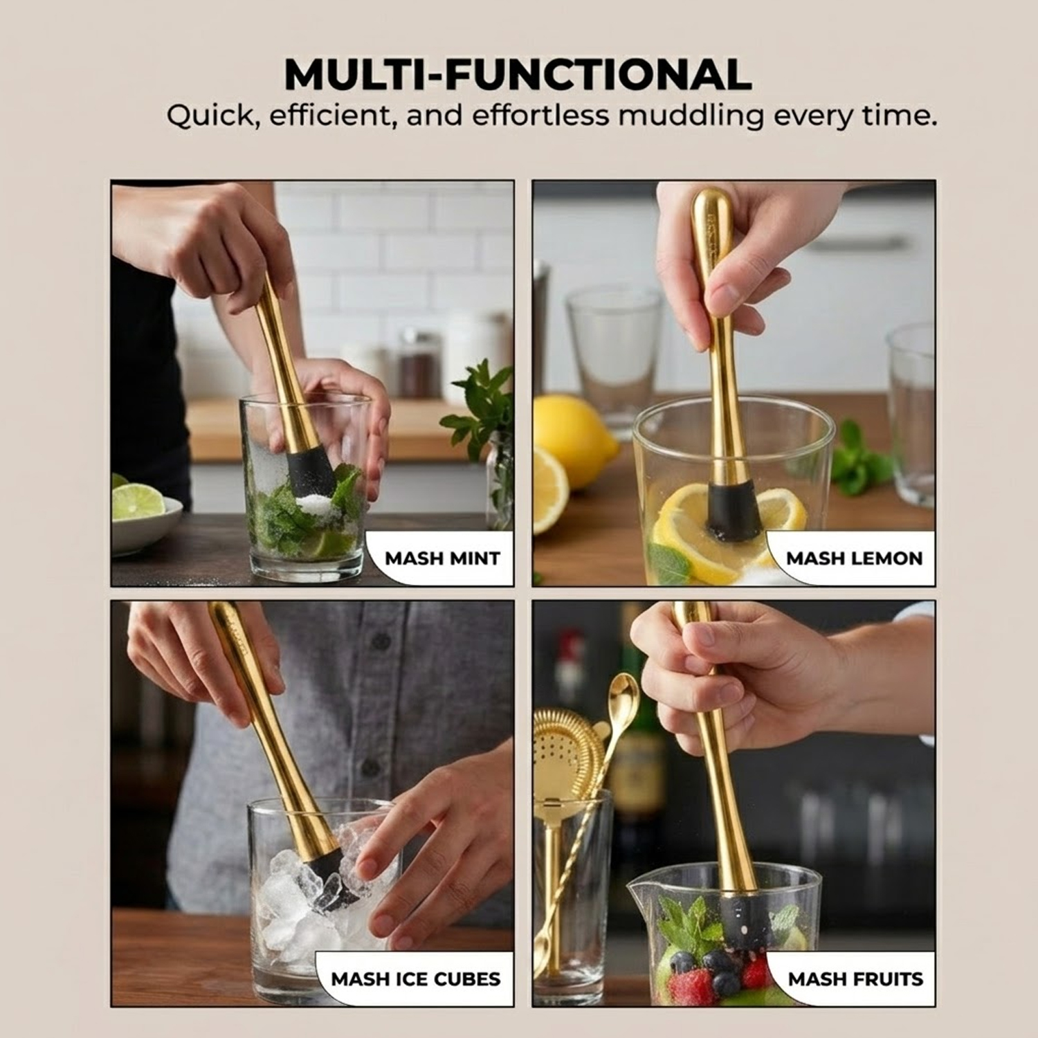 Muddler for Cocktails & Mocktails – Bar Tool for Crushing Fruits, Herbs & Ingredients – Gold