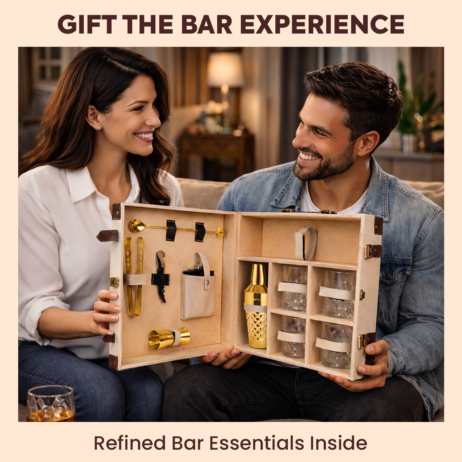11-Piece Brown Leatherette Suitcase Bar Set with Diamond Cocktail Shaker & 4 Whisky Glasses – Golden