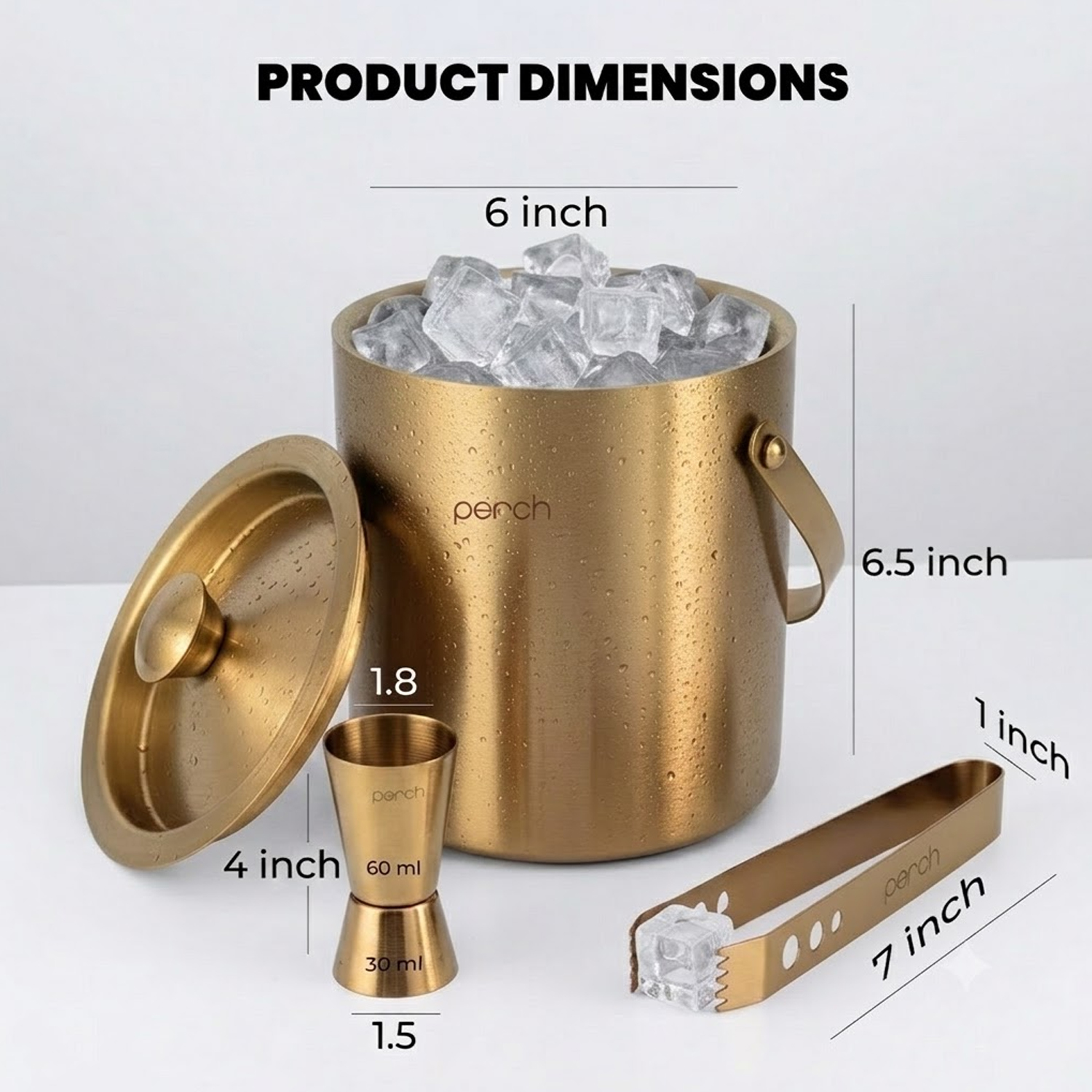 Gold Stainless Steel Ice Bucket Set with Lid, Handle, Ice Tong & Jigger – 1.5L