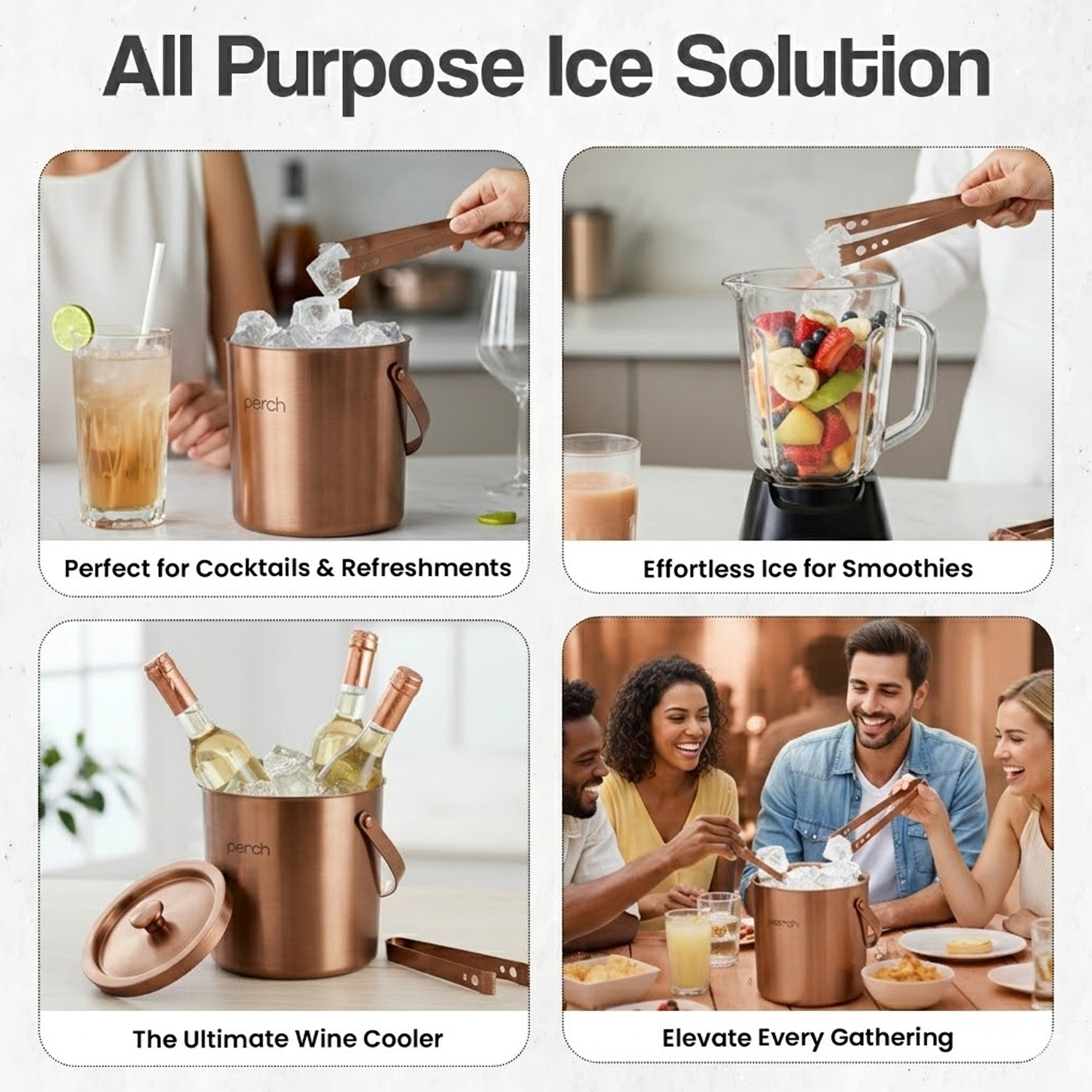 Rose Gold Stainless Steel Ice Bucket Set with Lid, Handle & Ice Tong – 1.5L