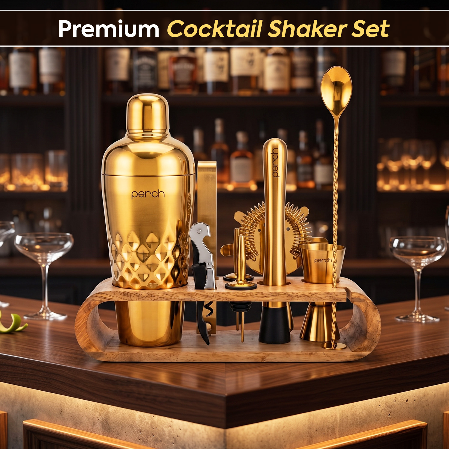 O' Holic 10-Piece Bartender Kit with Mango Wooden Stand | Belly Cocktail Shaker | Golden