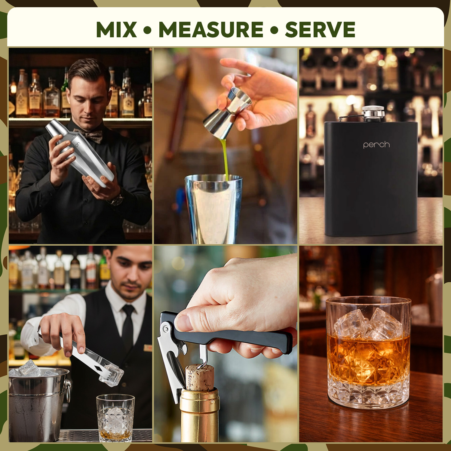 9-Piece Army Print Leatherette Suitcase Bar Set with Cocktail Shaker & 3 Whisky Glasses – Silver