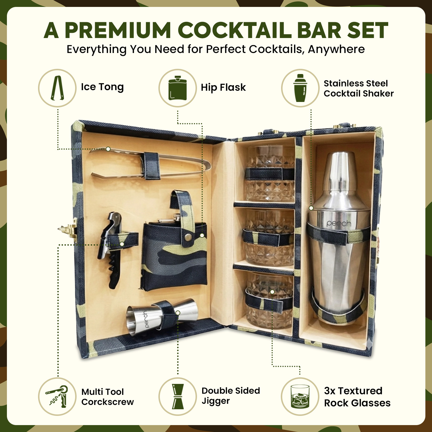 9-Piece Army Print Leatherette Suitcase Bar Set with Cocktail Shaker & 3 Whisky Glasses – Silver