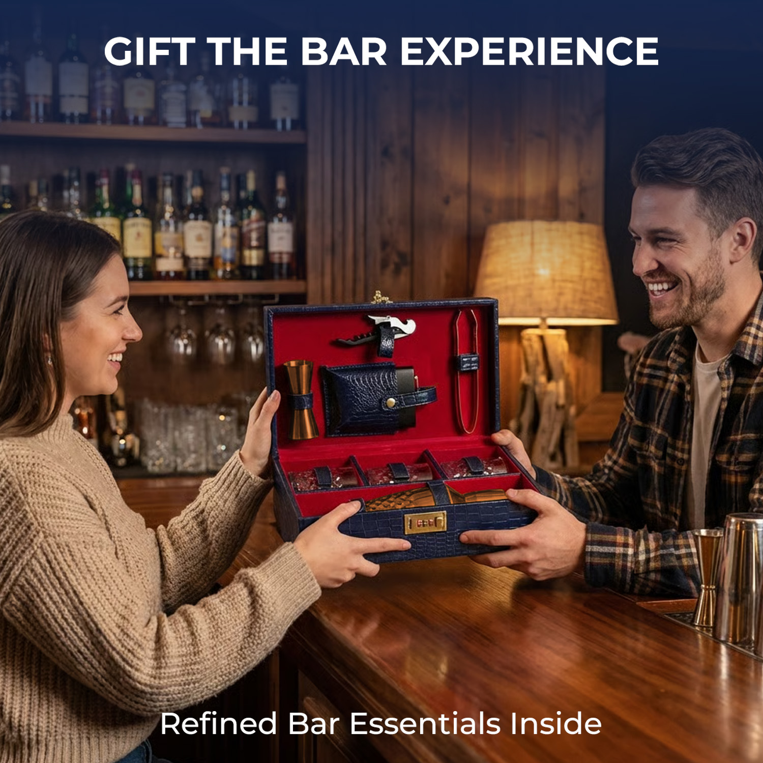 9-Piece Crocodile Print Leatherette Suitcase Bar Set with Cocktail Shaker & 3 Whisky Glasses – Rose Gold