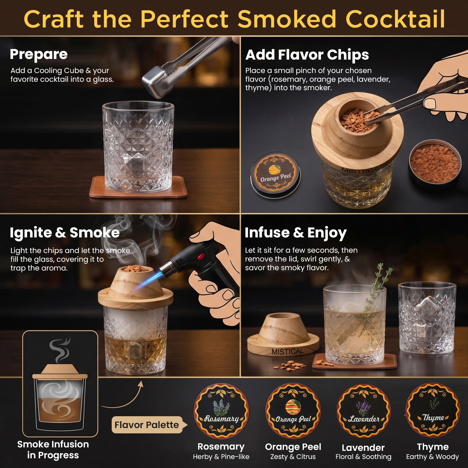 Cocktail Smoker Kit with Torch | Whiskey & Bourbon Smoke Infuser Set with 2 Glasses, 4 Natural Wood Chip Flavors & Whiskey Stones