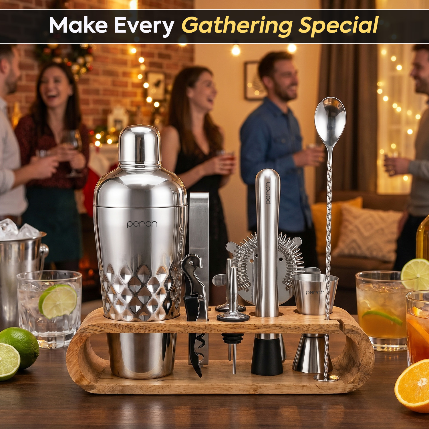 O' Holic 10-Piece Bartender Kit with Mango Wooden Stand | Belly Cocktail Shaker Gift Set | Silver