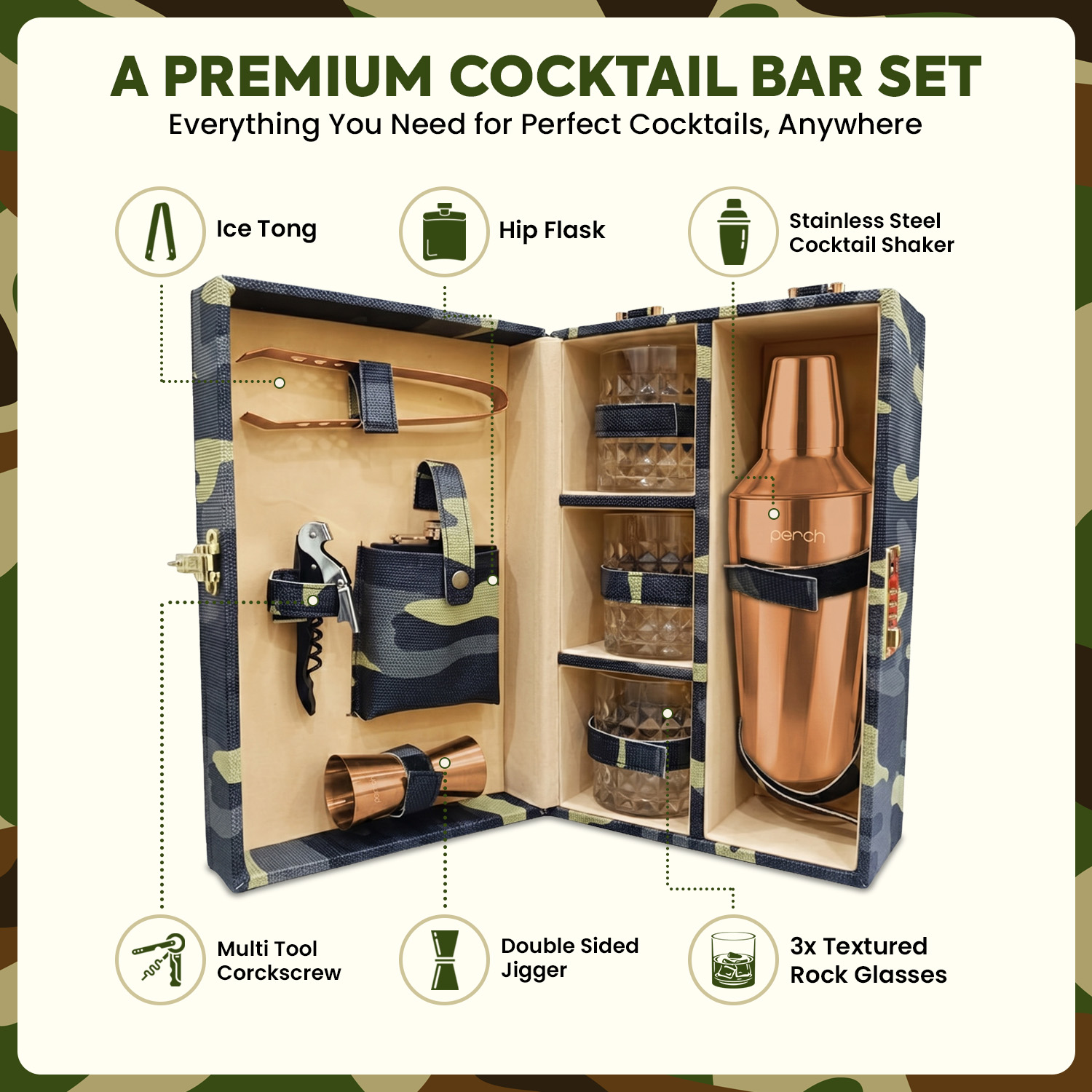 9-Piece Army Print Leatherette Suitcase Bar Set with Cocktail Shaker & 3 Whisky Glasses – Rose Gold
