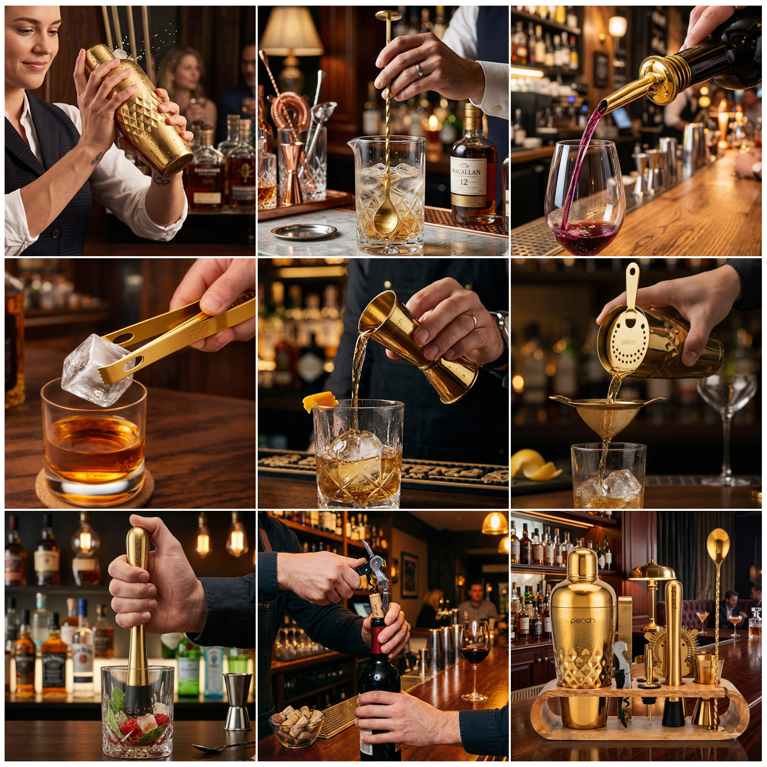 O' Holic 10-Piece Bartender Kit with Mango Wooden Stand | Belly Cocktail Shaker | Golden